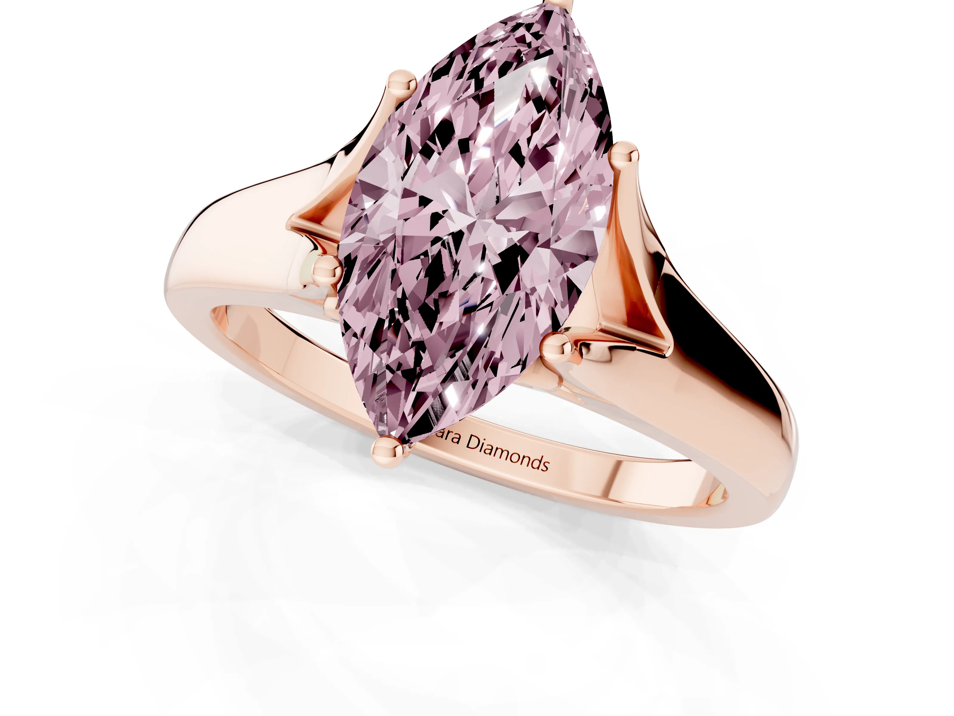 Fancy Pink Marquise Cut Diamond Solitaire Ring Set in Rose gold with Arched Cathedral Band and Prong Setting