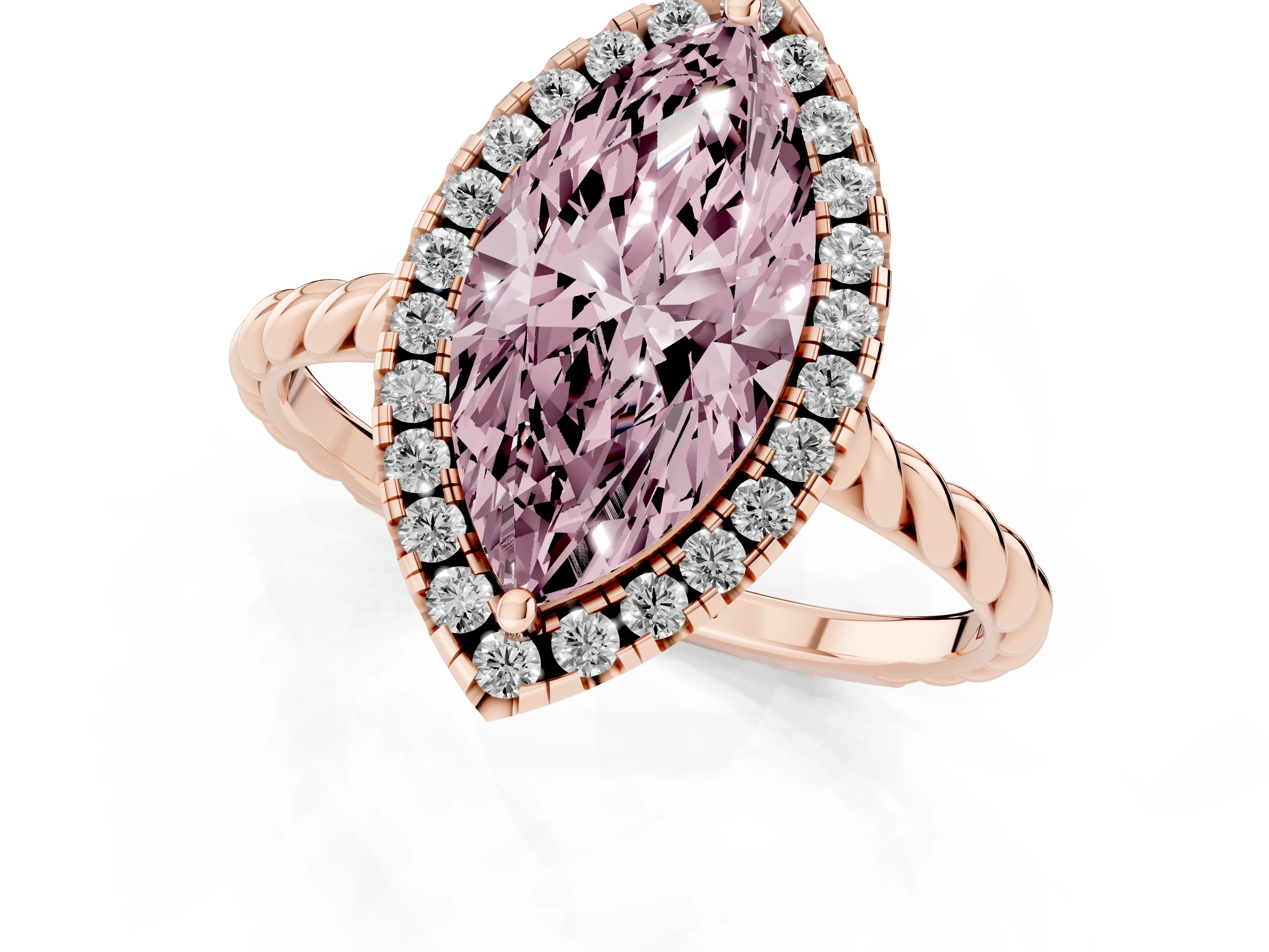 Fancy Pink Marquise Cut Diamond Halo Ring Set in Rose gold with Plain Twisted Band