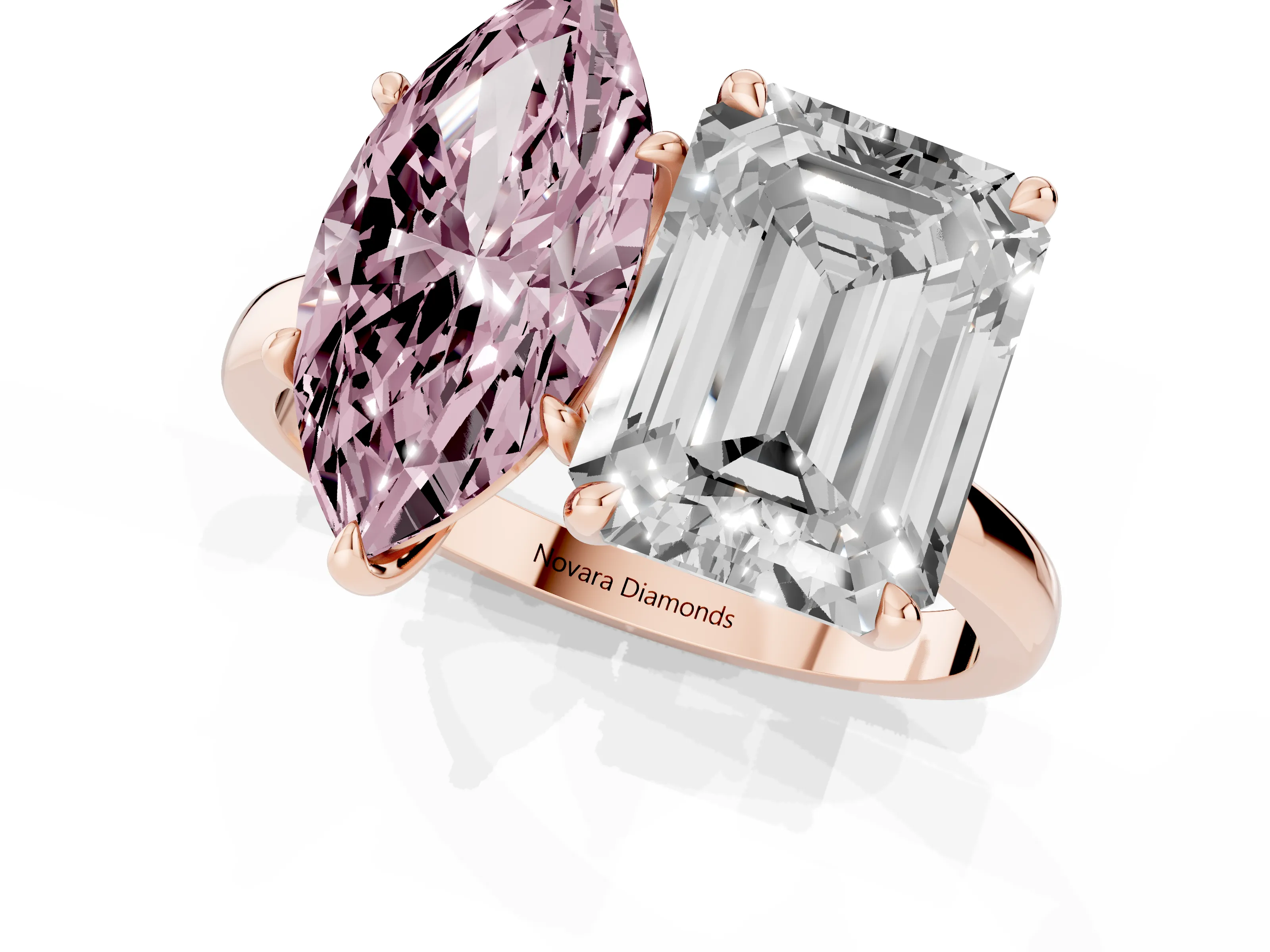 Fancy Pink Marquise Cut and Emerald Cut Toi Moi Ring Set in Rose gold with Prong Setting