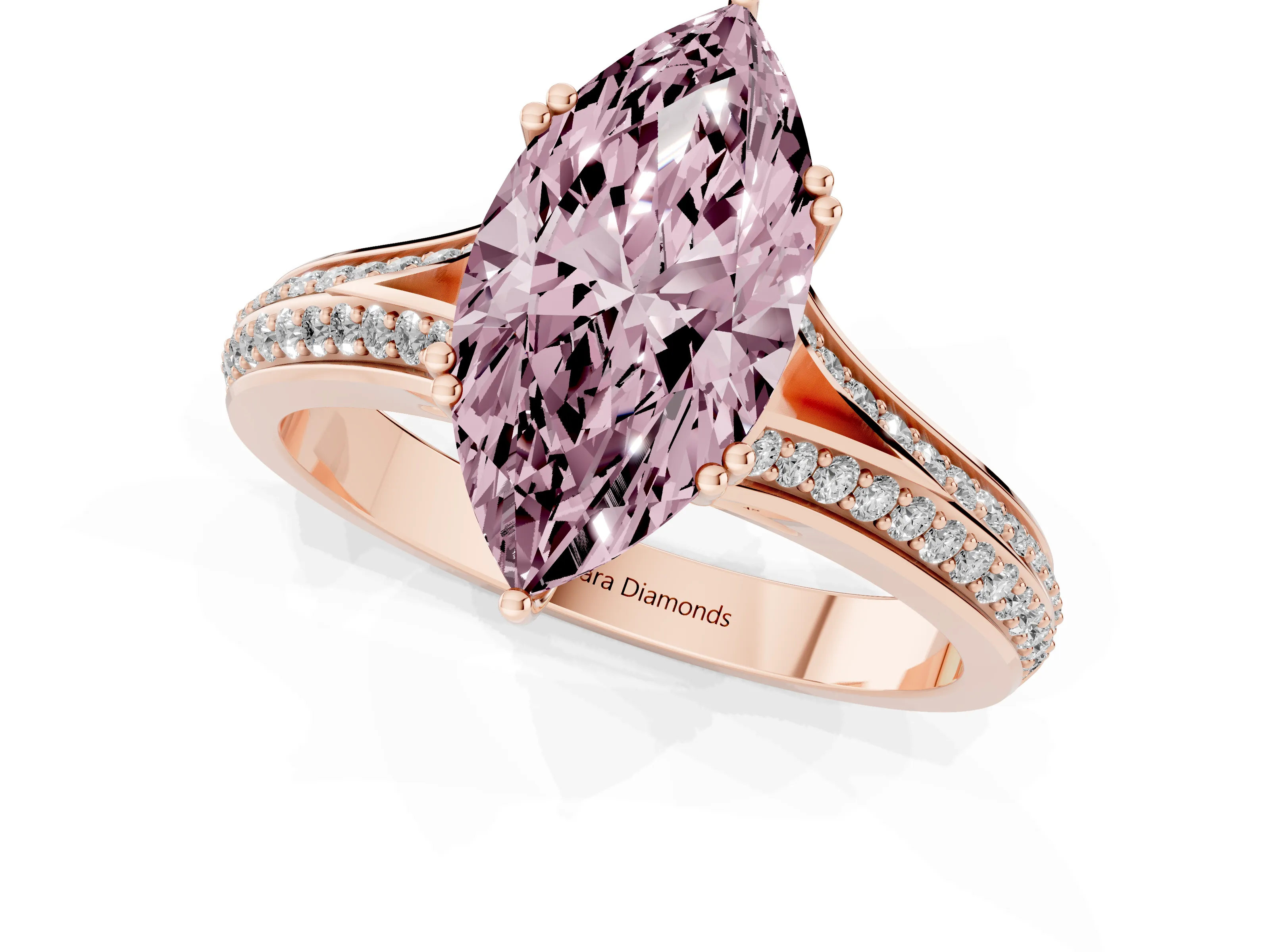 Fancy Pink Marquise Cut Diamond Split Shank Pavé Engagement Ring Set in Rose gold with Prong-Set Center Stone
