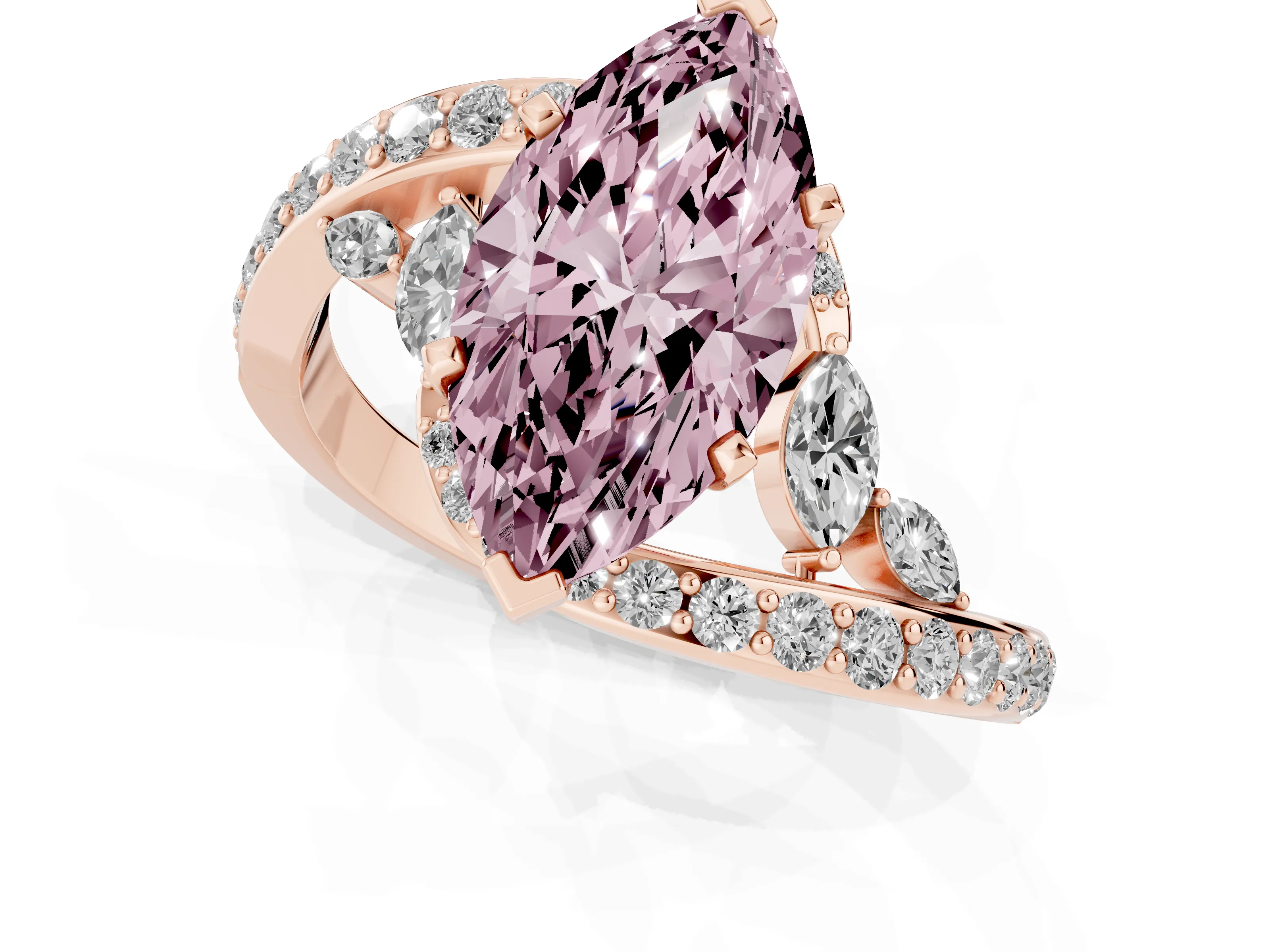 Fancy Pink Marquise Cut Diamond Solitaire Ring Set in Rose gold with Pavé Twist Band and Secure Prong Setting