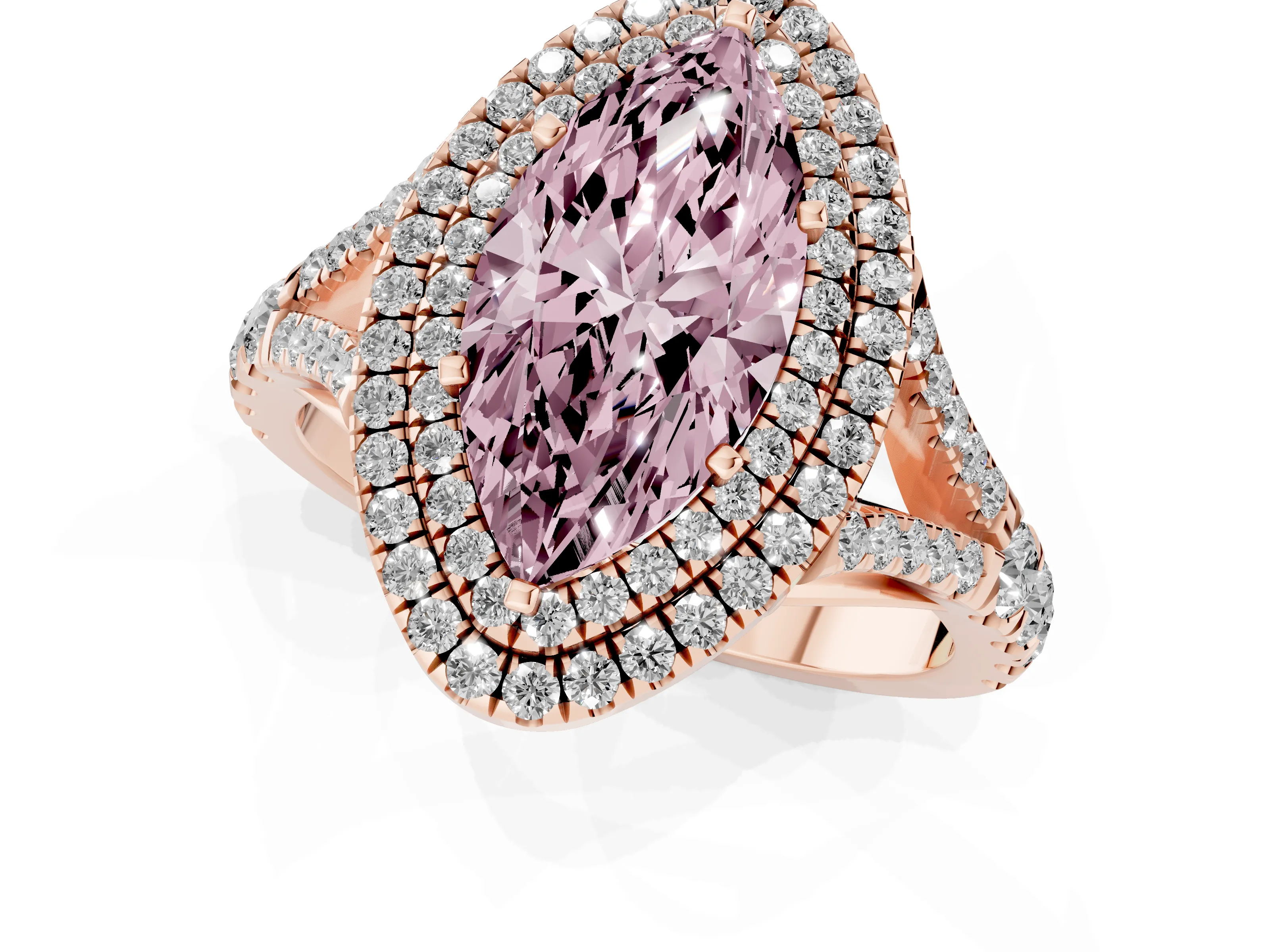 Fancy Pink Marquise Cut Diamond Pavé Split Shank Double Halo Engagement Ring Set in Rose gold – second view