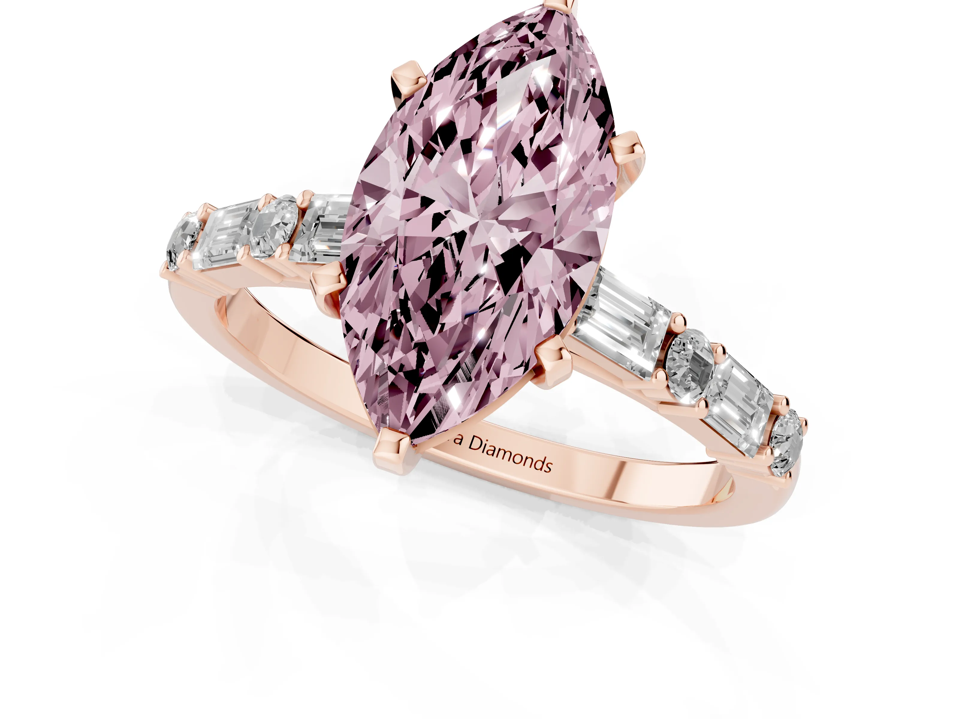 Fancy Pink Marquise Cut Diamond Solitaire Set in Rose gold with Side Baguettes and Channel Set Band