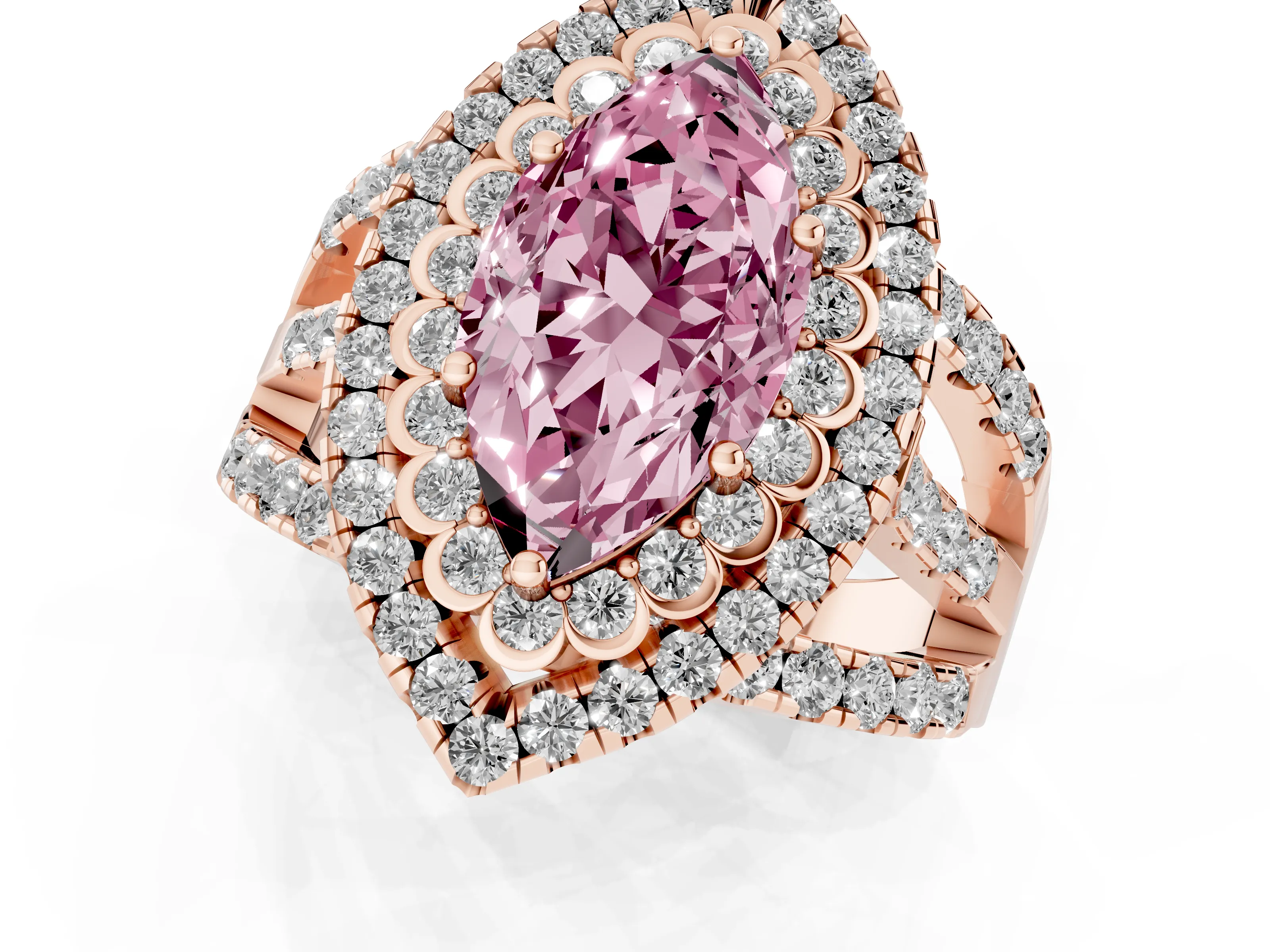 Fancy Pink Marquise Cut Diamond Double Halo Ring Set in Rose gold with Round Pavé Split Shank