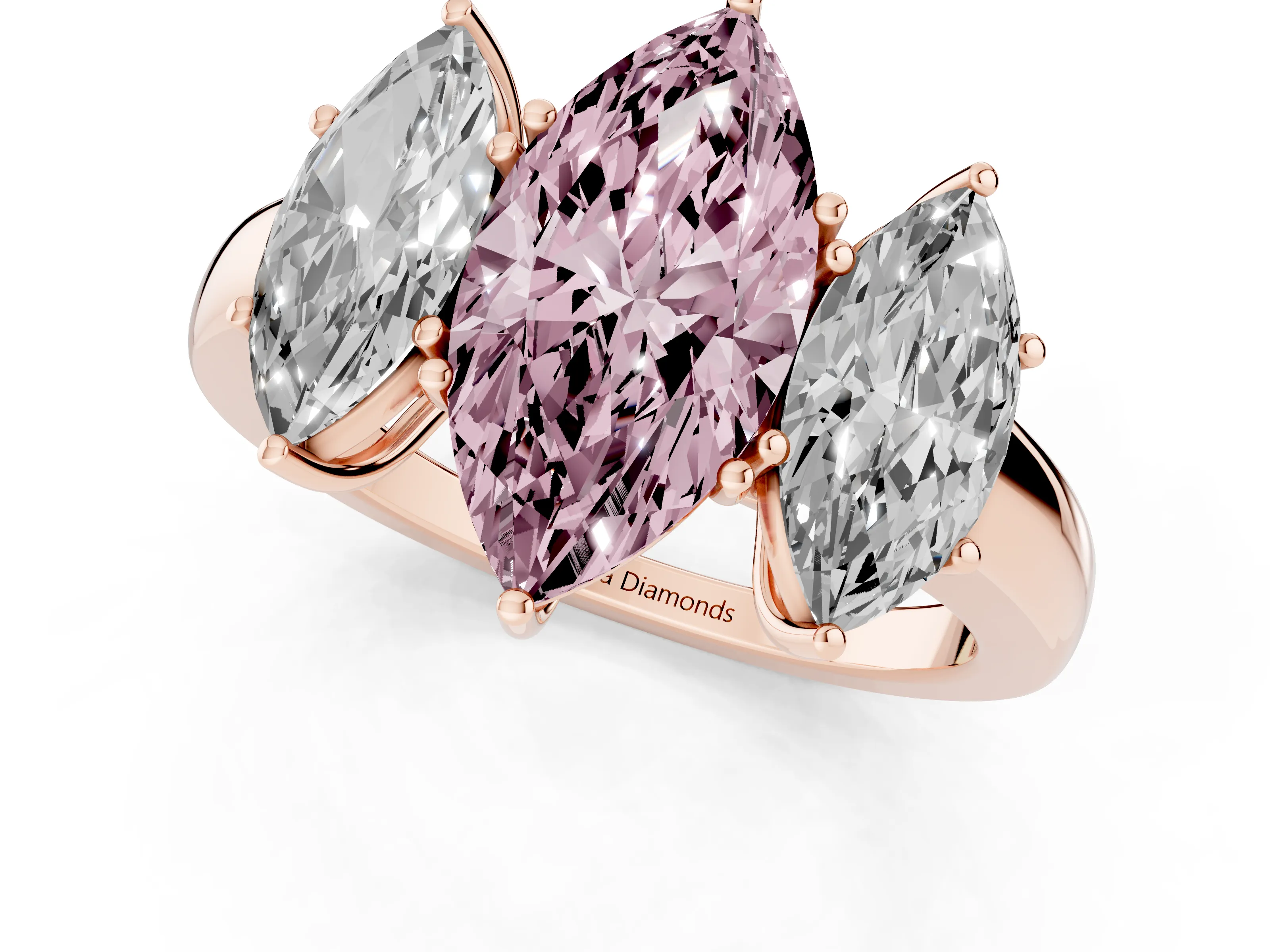 Fancy Pink Marquise Cut Diamond Three-Stone Ring Set in Rose gold with Bold Center and Classic Band