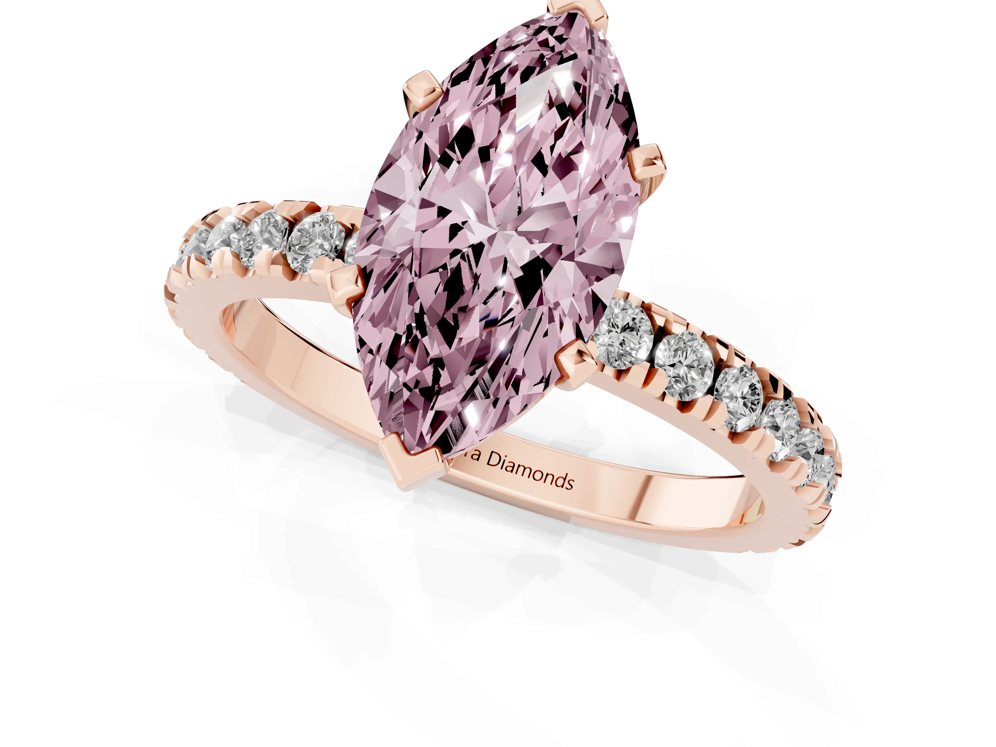 Fancy Pink Marquise Cut Diamond Pavé Band Solitaire Set in Rose gold with Prong Setting