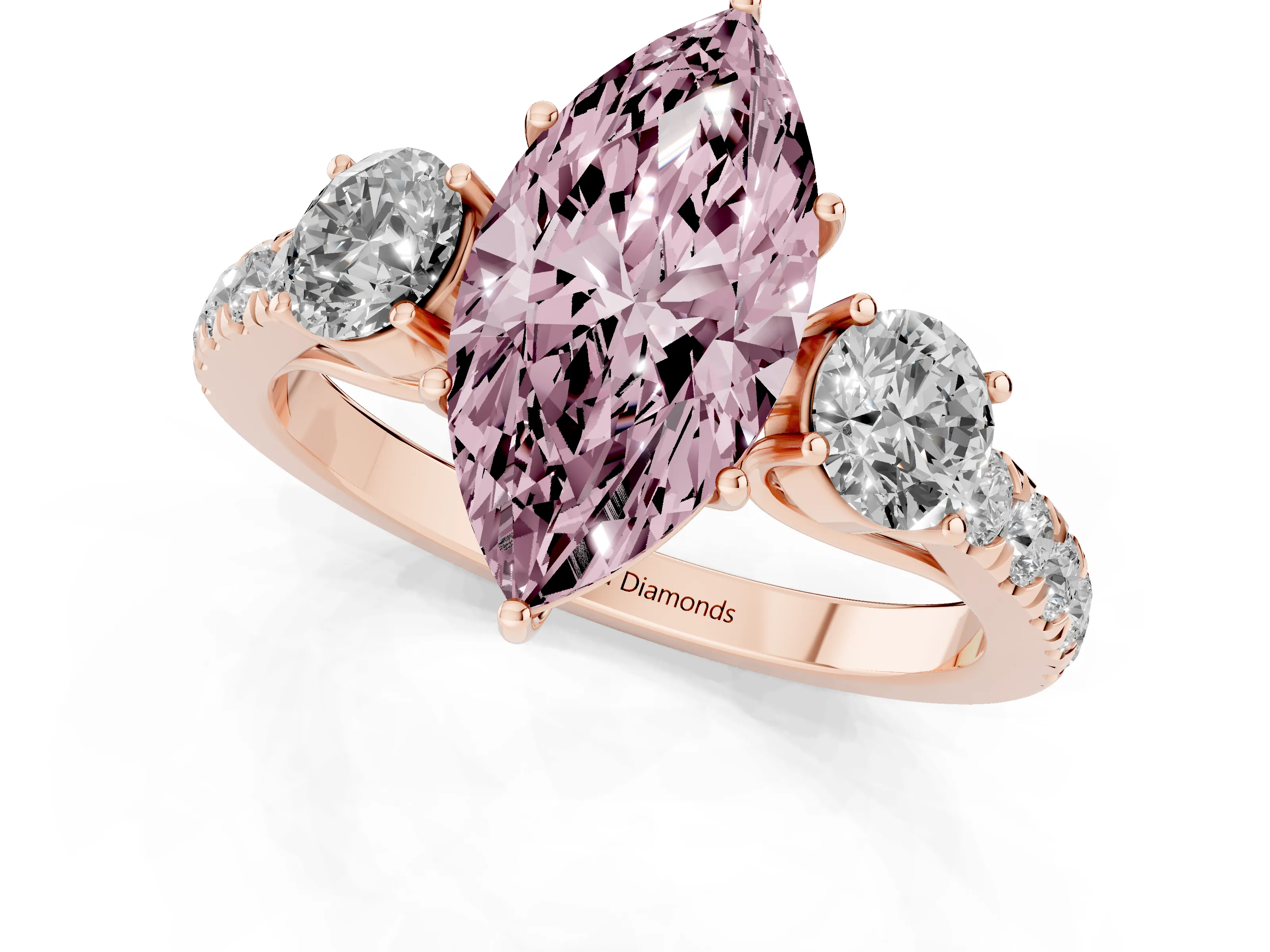 Fancy Pink Marquise Cut Diamond Three-Stone Ring Set in Rose gold with Round Side Stones and Delicate Pavé Band
