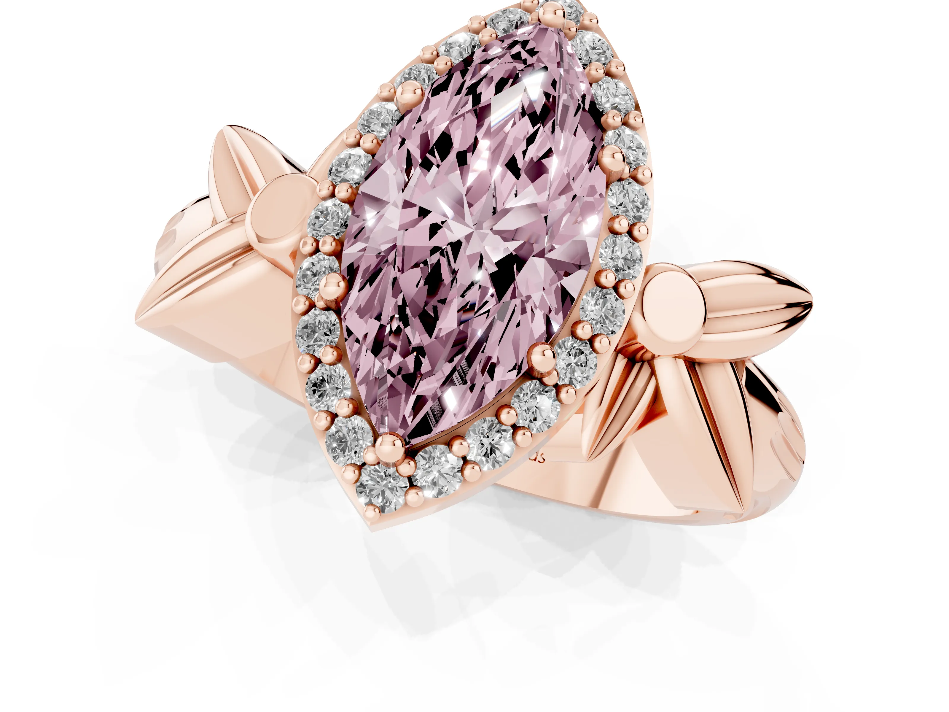 Fancy Pink Marquise Cut Diamond Halo Floral Band Ring Set in Rose gold with Prong Setting