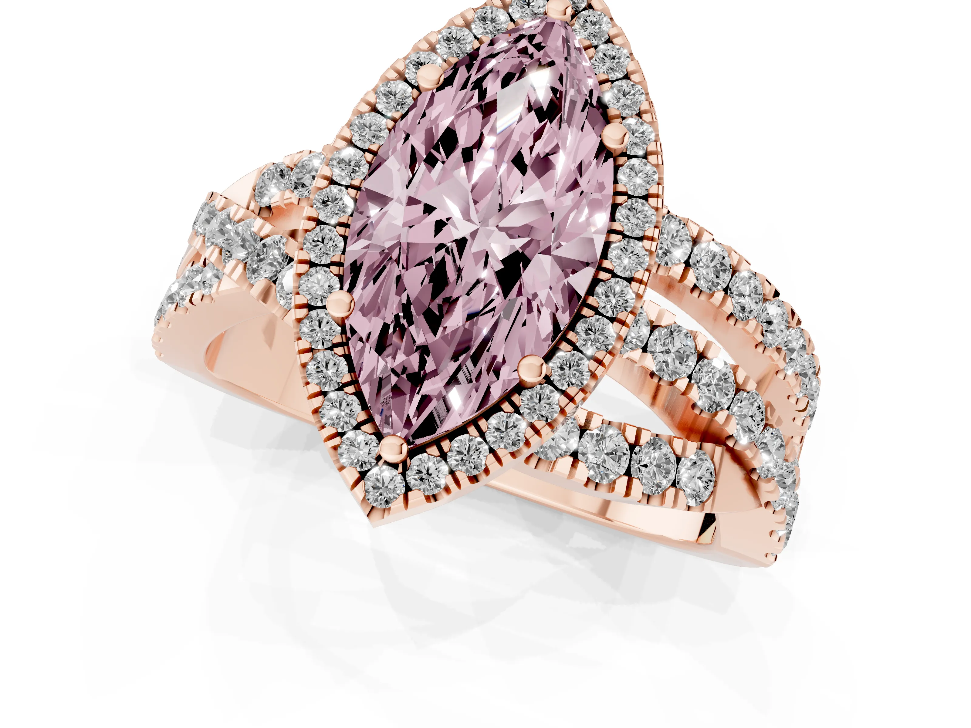 Fancy Pink Marquise Cut Diamond Halo Ring Set in Rose gold with Round Crossover Split Shank and Prong Setting
