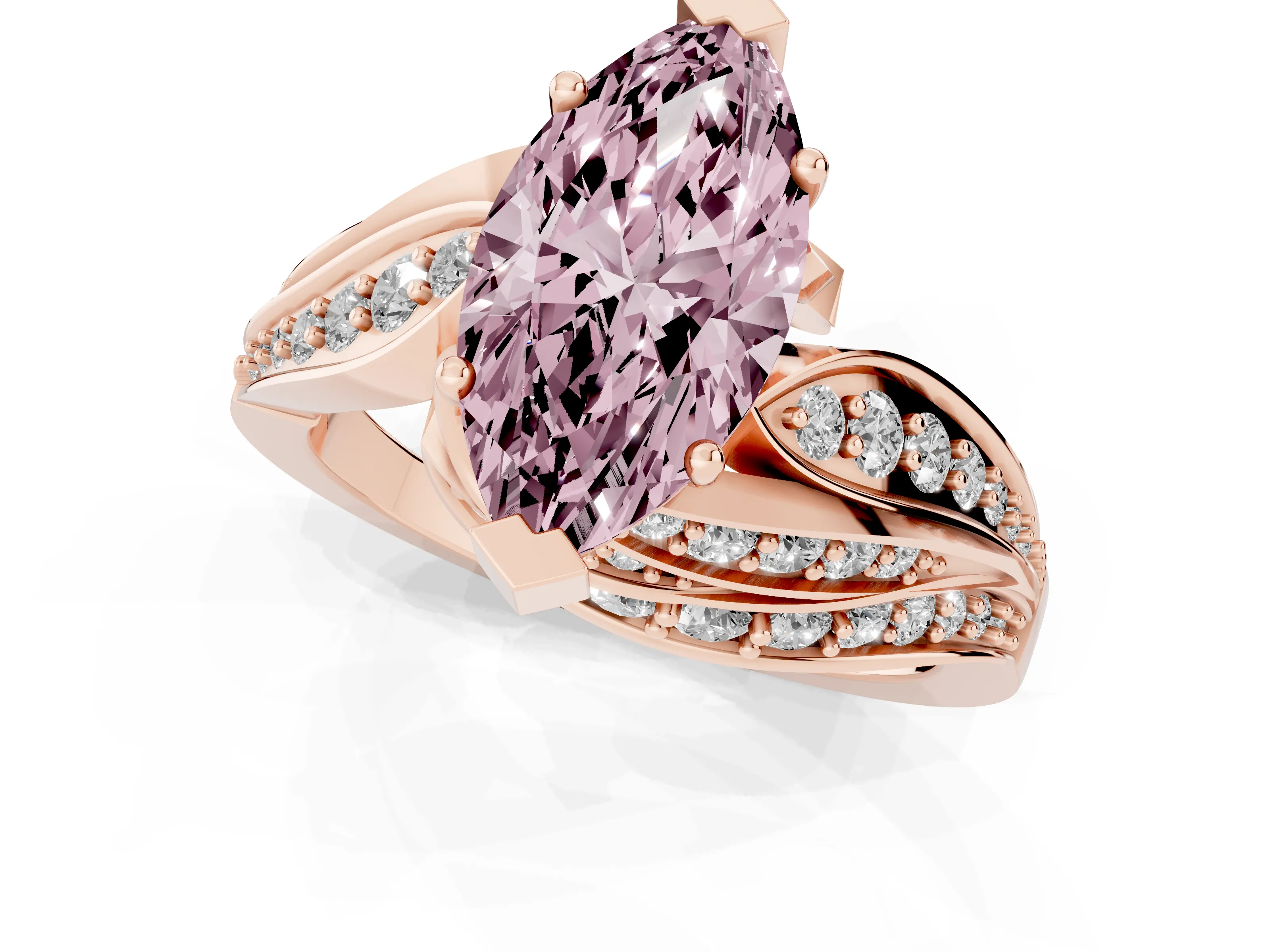 Fancy Pink Marquise Cut Diamond Solitaire Ring Set in Rose gold with Layered Twist Pavé Band