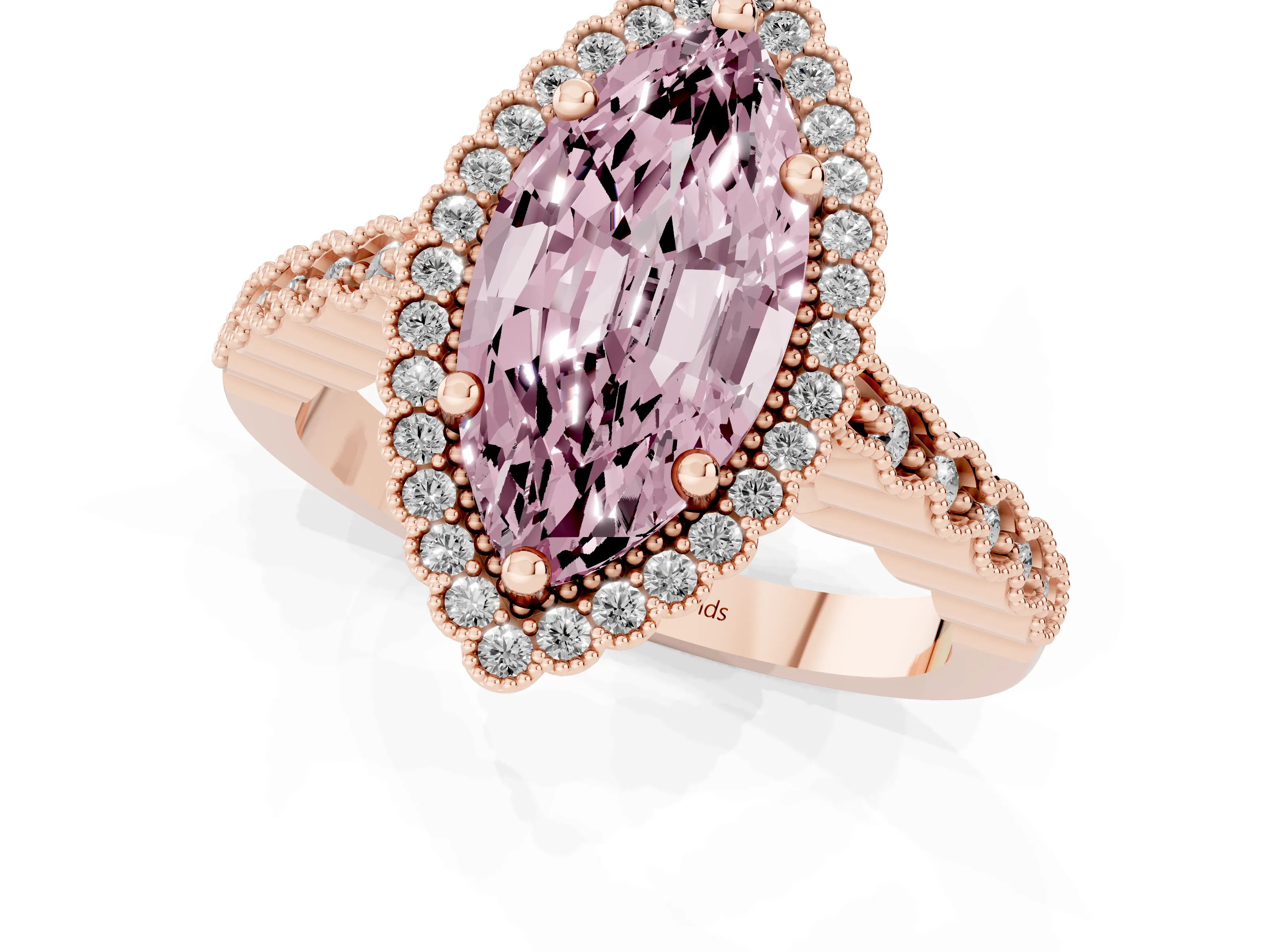 Fancy Pink Marquise Cut Diamond Halo Ring Set in Rose gold with Pavé Milgrain Band