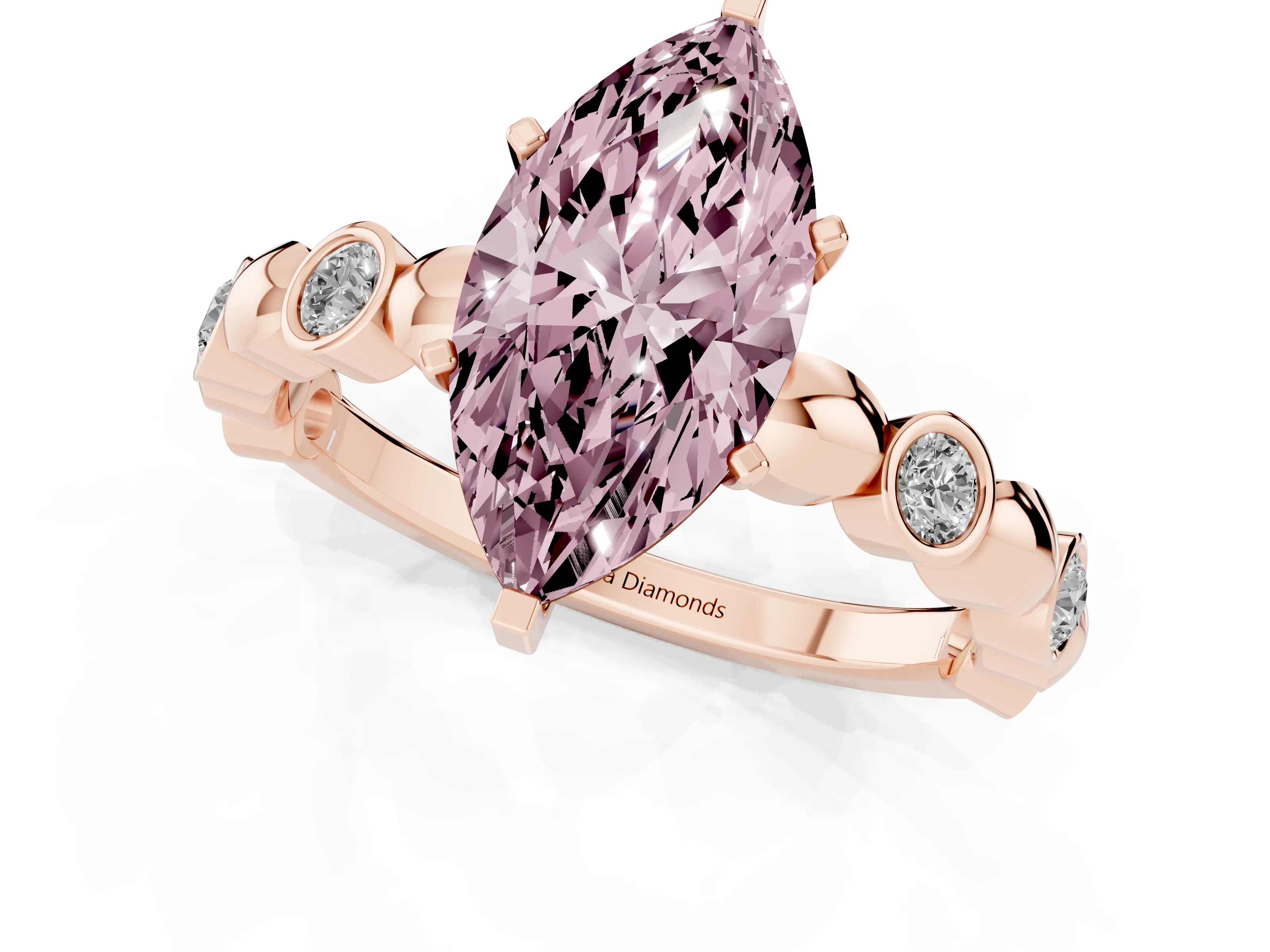 Fancy Pink Marquise Cut Diamond Solitaire Ring Set in Rose gold with Bezel-Set Accents on Beaded Band and Prong Setting