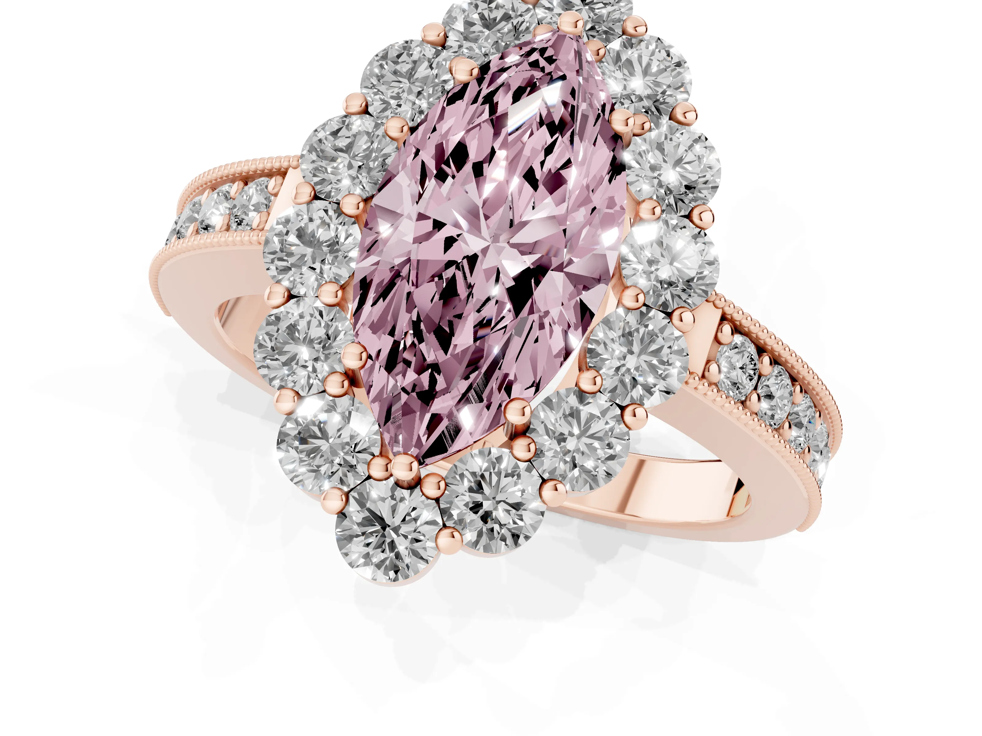 Fancy Pink Marquise Cut Diamond Halo Pavé Engagement Ring Set in Rose gold with Milgrain Detailing