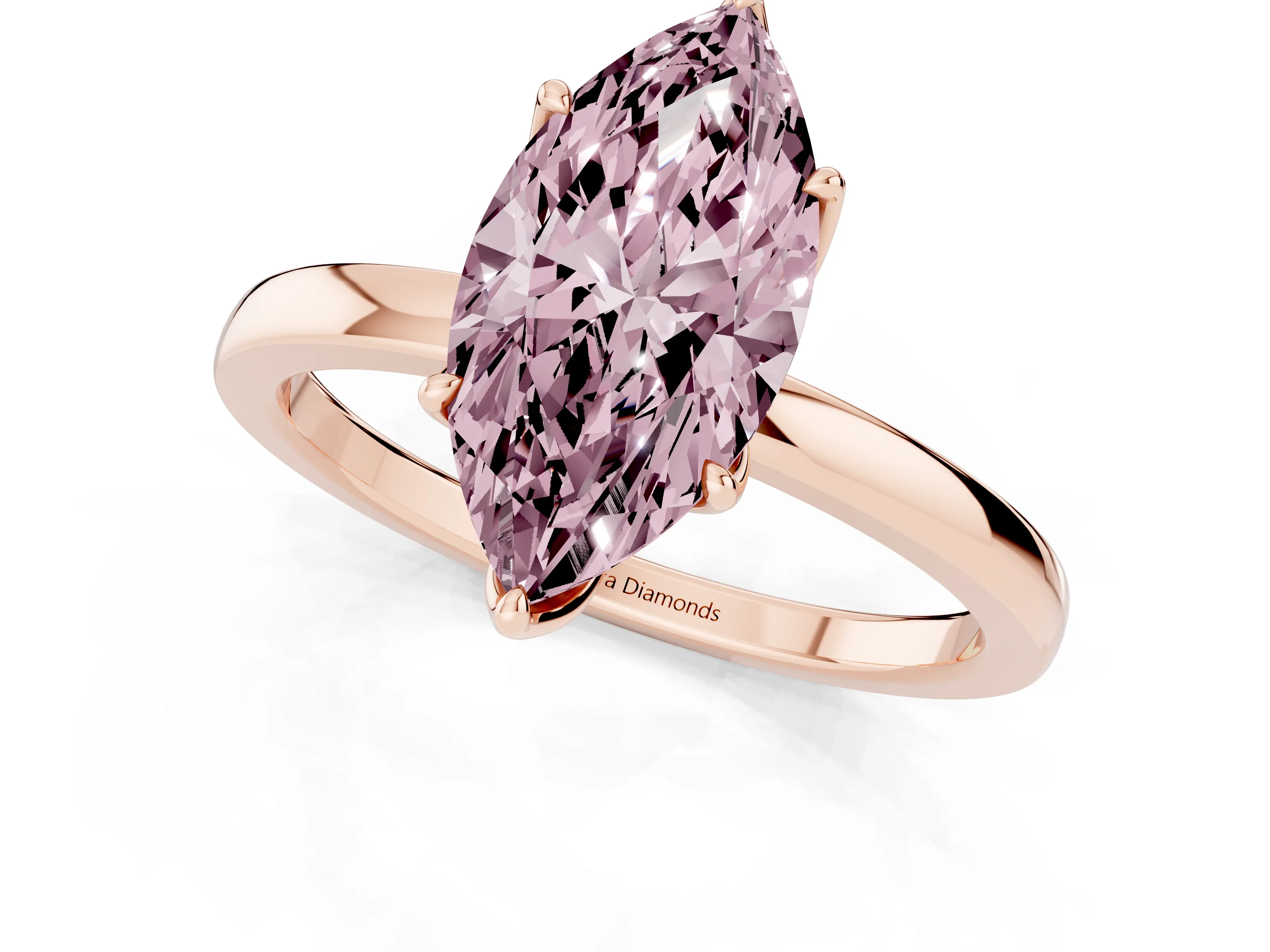 Fancy Pink Marquise Cut Diamond Solitaire Ring Set in Rose gold with Prong Setting and Thin Polished Band