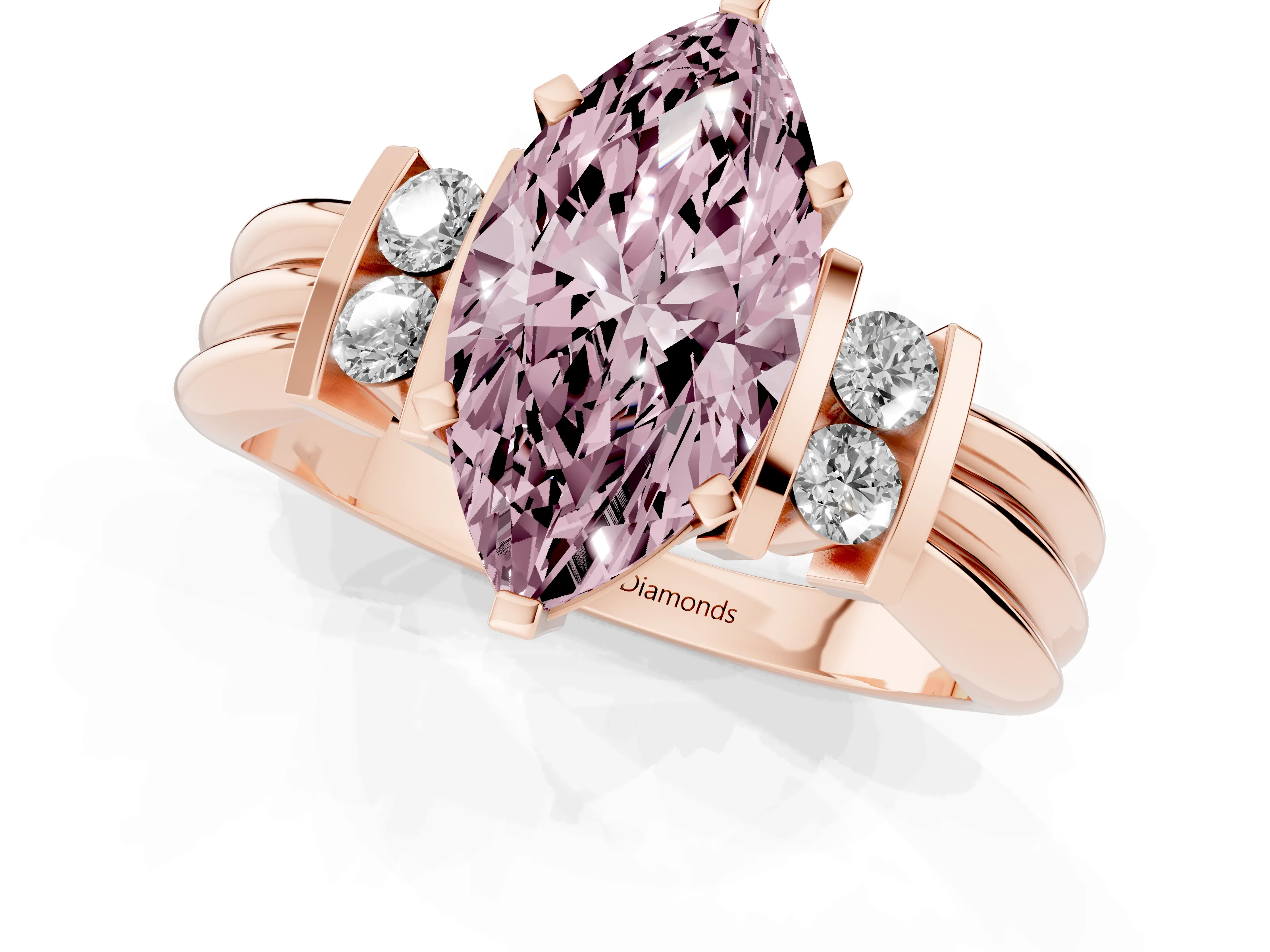 Fancy Pink Three-Stone Marquise Cut Diamond Channel Set Ring Set in Rose gold with Bar Prongs