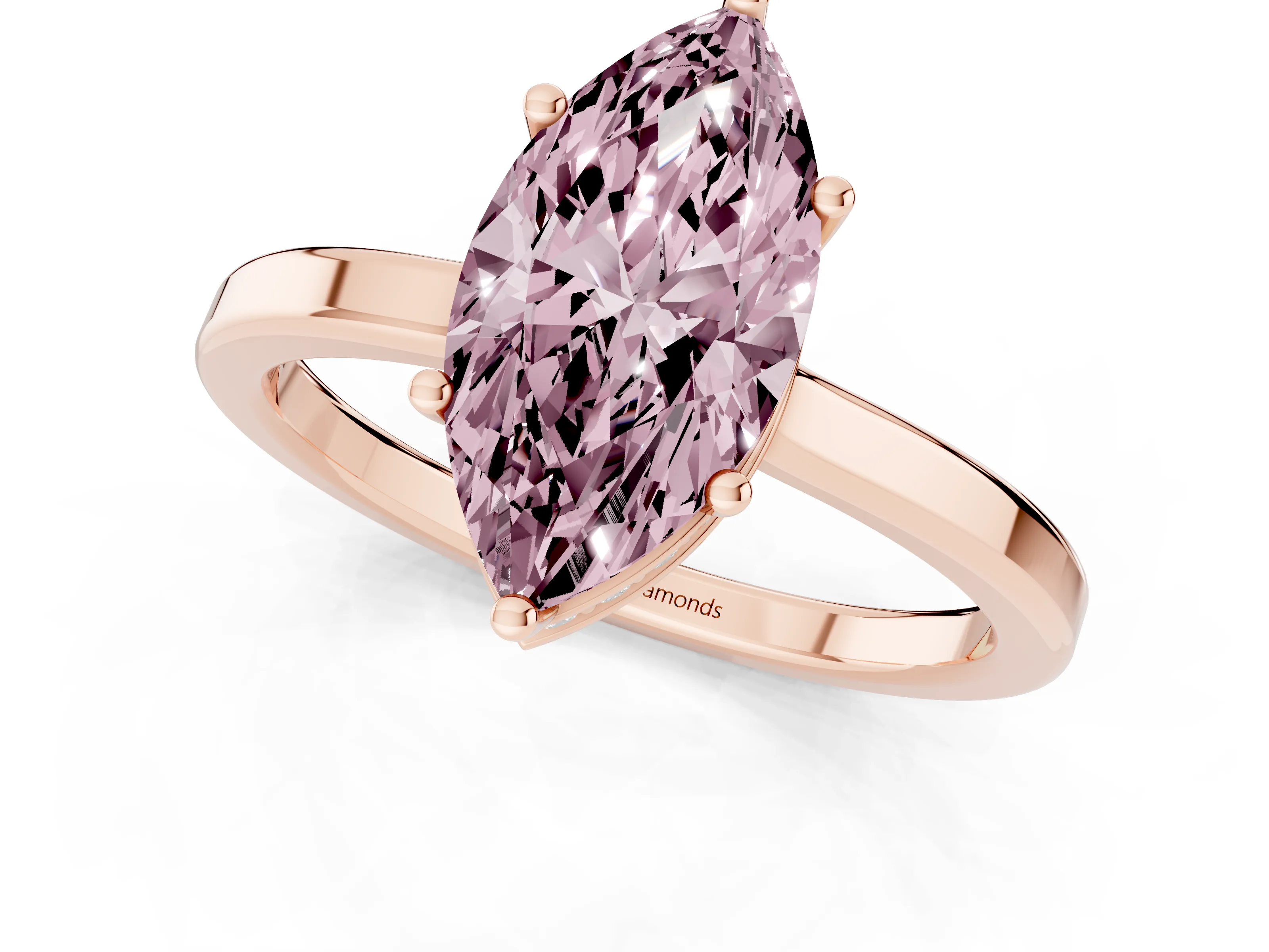 Fancy Pink Marquise Cut Diamond Solitaire Engagement Ring Set in Rose gold with Prong Setting on a Plain Band