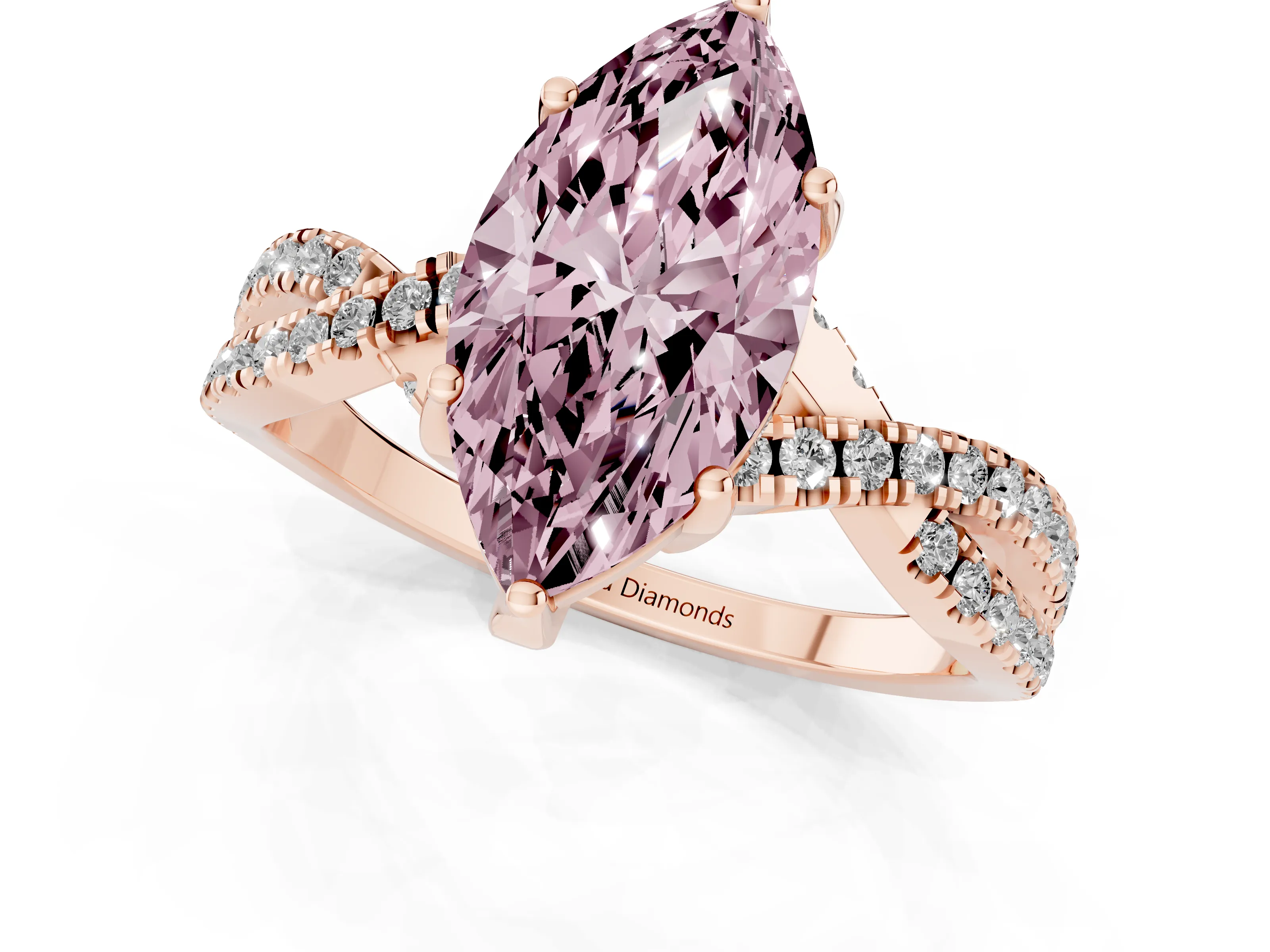 Fancy Pink Marquise Cut Diamond Twist Pavé Solitaire Engagement Ring Set in Rose gold with Prong Setting