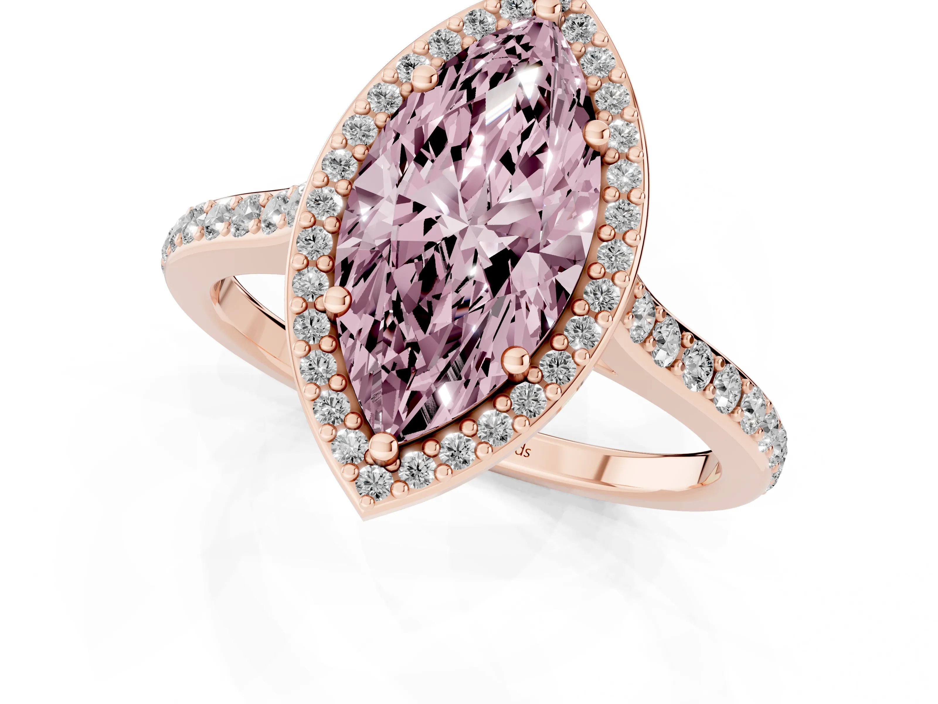 Fancy Pink Marquise Cut Diamond Halo Engagement Ring Set in Rose gold with Round Pavé Shoulders and Heart Gallery