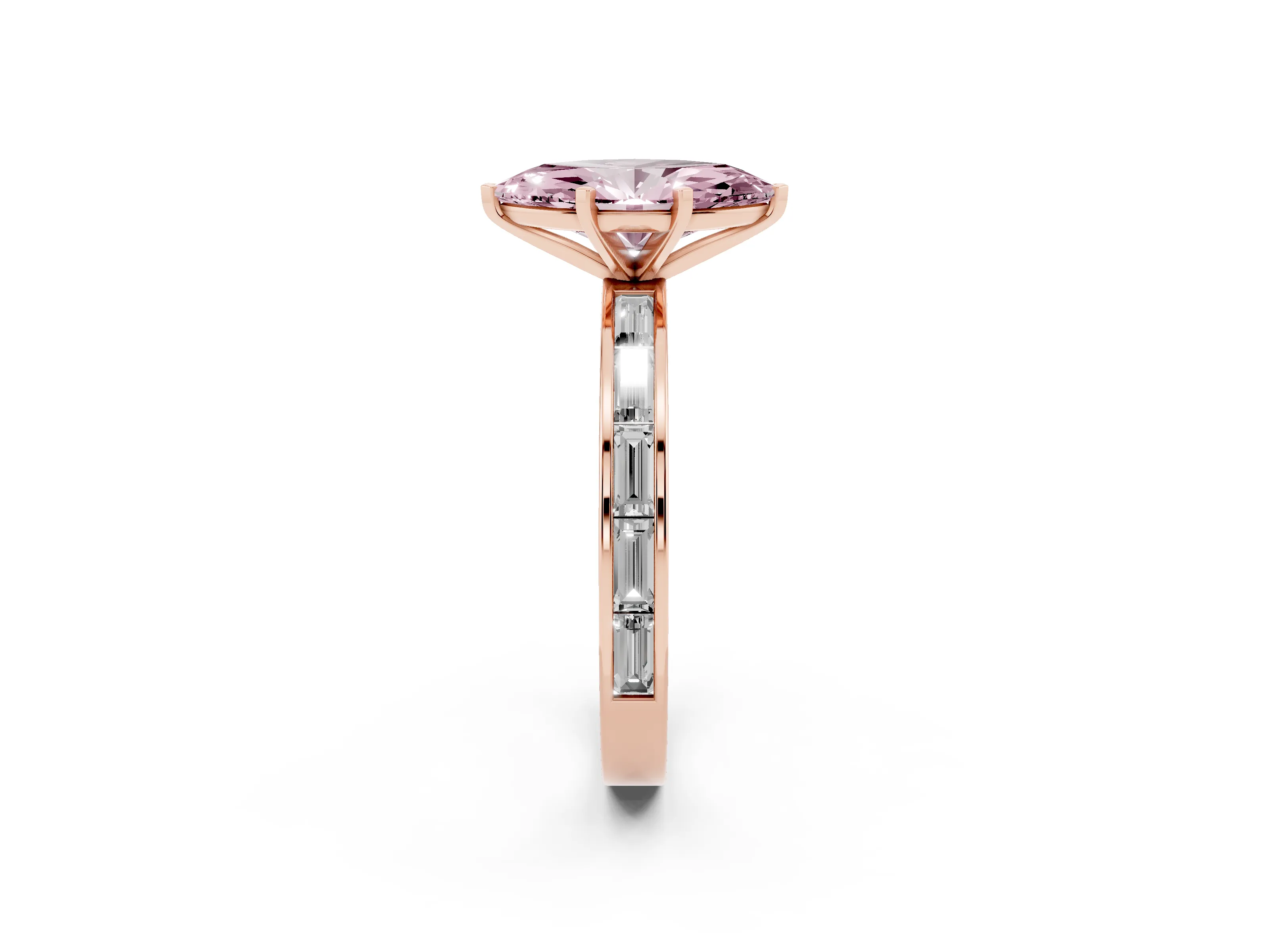 Fancy Pink Marquise Cut Diamond Solitaire Ring Set in Rose gold with Channel-Set Baguette Band and Prong Setting