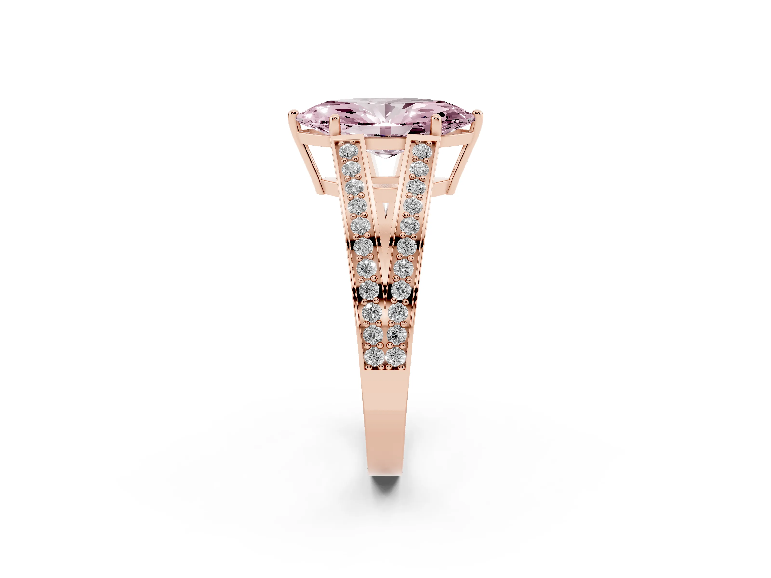 Fancy Pink Marquise Cut Diamond Split Shank Ring Set in Rose gold with Pavé Band and Prong Setting