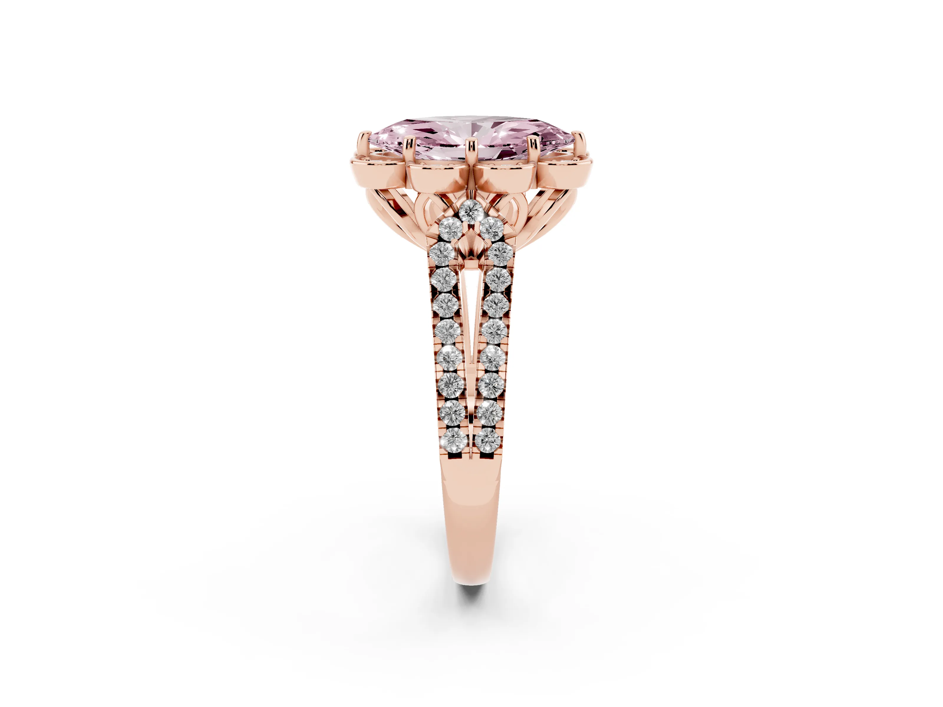 Fancy Pink Marquise Cut Diamond Floral Halo Split Shank Engagement Ring Set in Rose gold with Pavé Shank