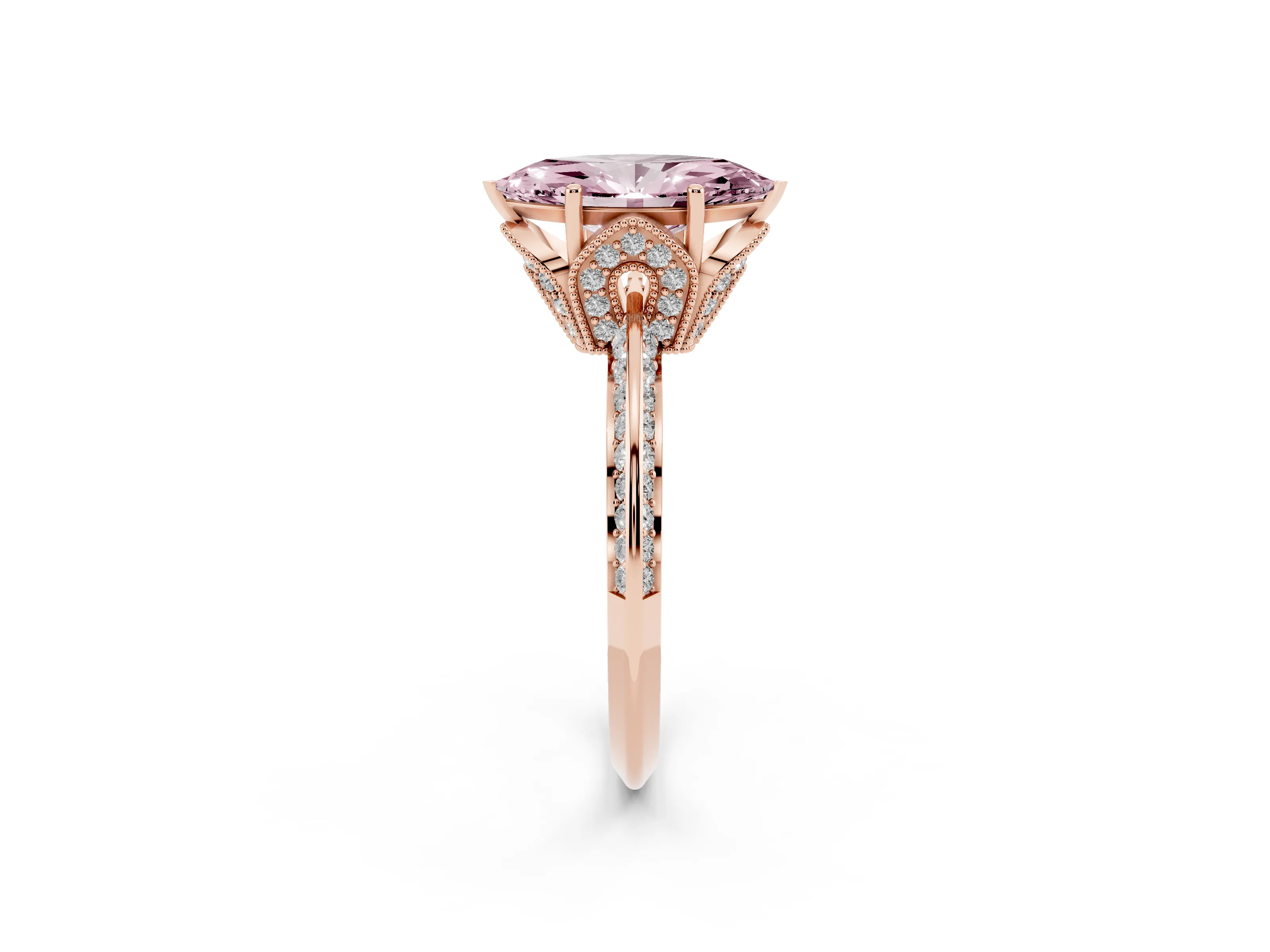 Fancy Pink Marquise Cut Diamond Solitaire Engagement Ring Set in Rose gold with Pavé Split Shank and Prong Setting
