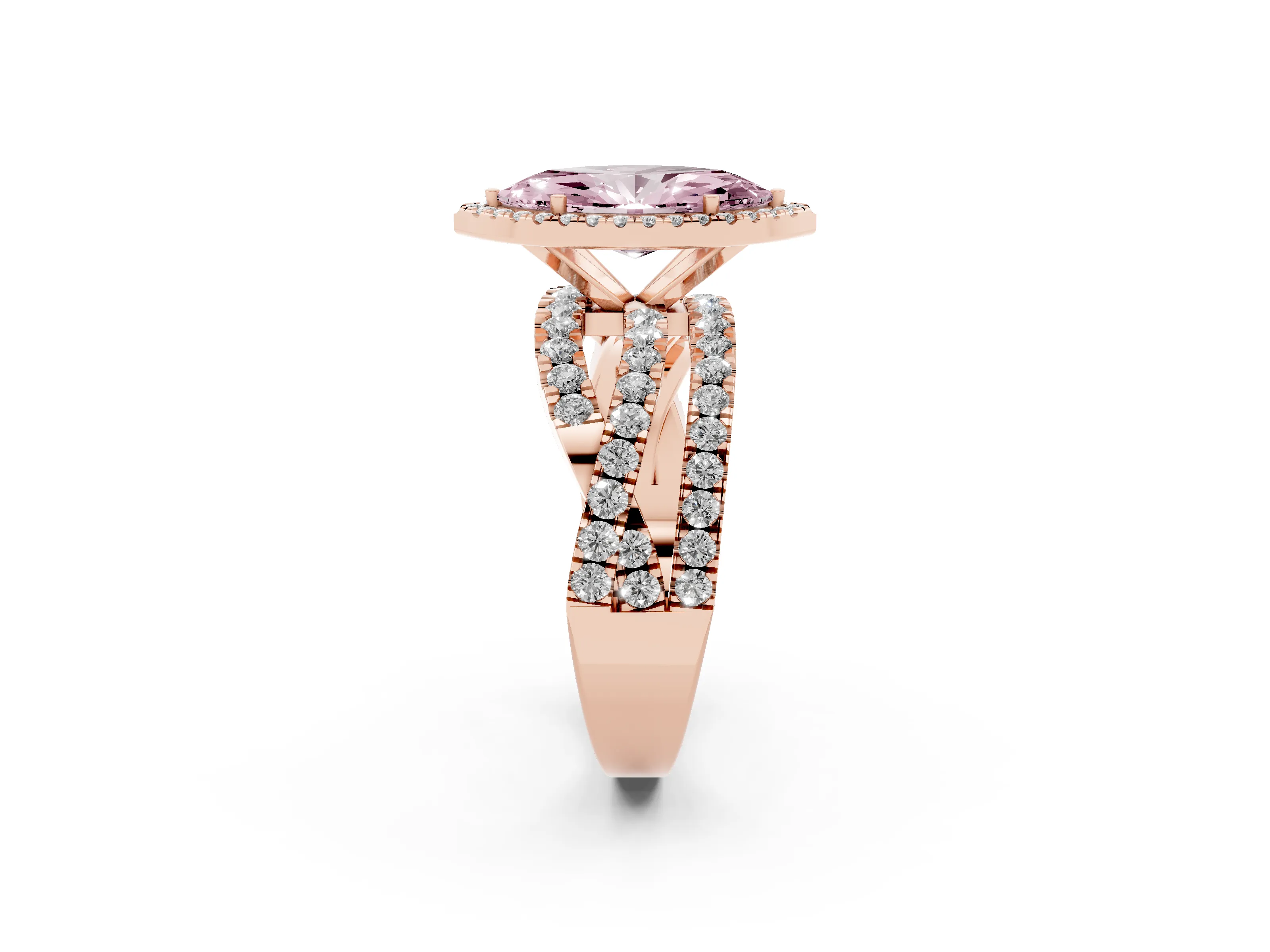 Fancy Pink Marquise Cut Diamond Halo Ring Set in Rose gold with Round Crossover Split Shank and Prong Setting