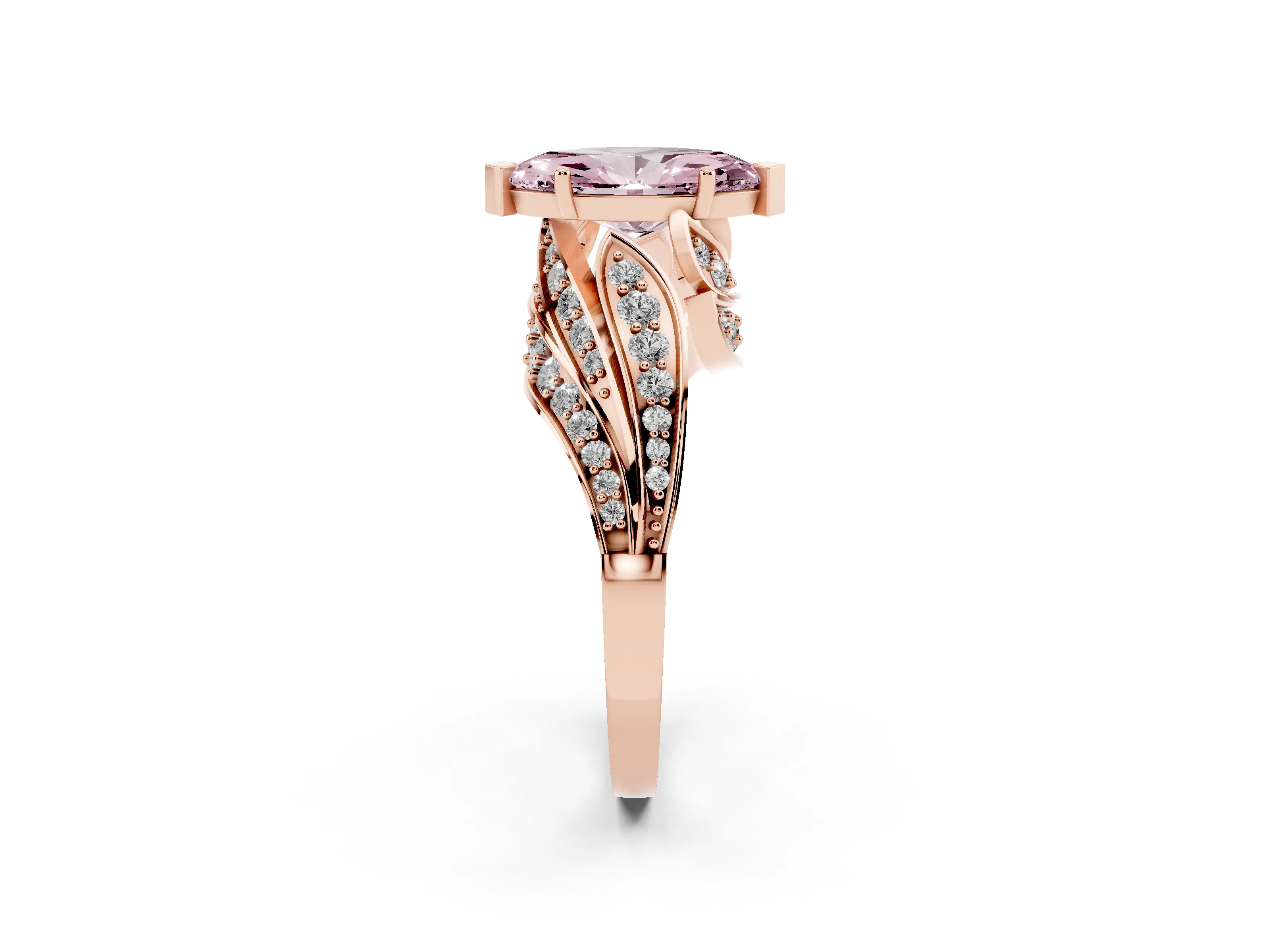 Fancy Pink Marquise Cut Diamond Solitaire Ring Set in Rose gold with Layered Twist Pavé Band
