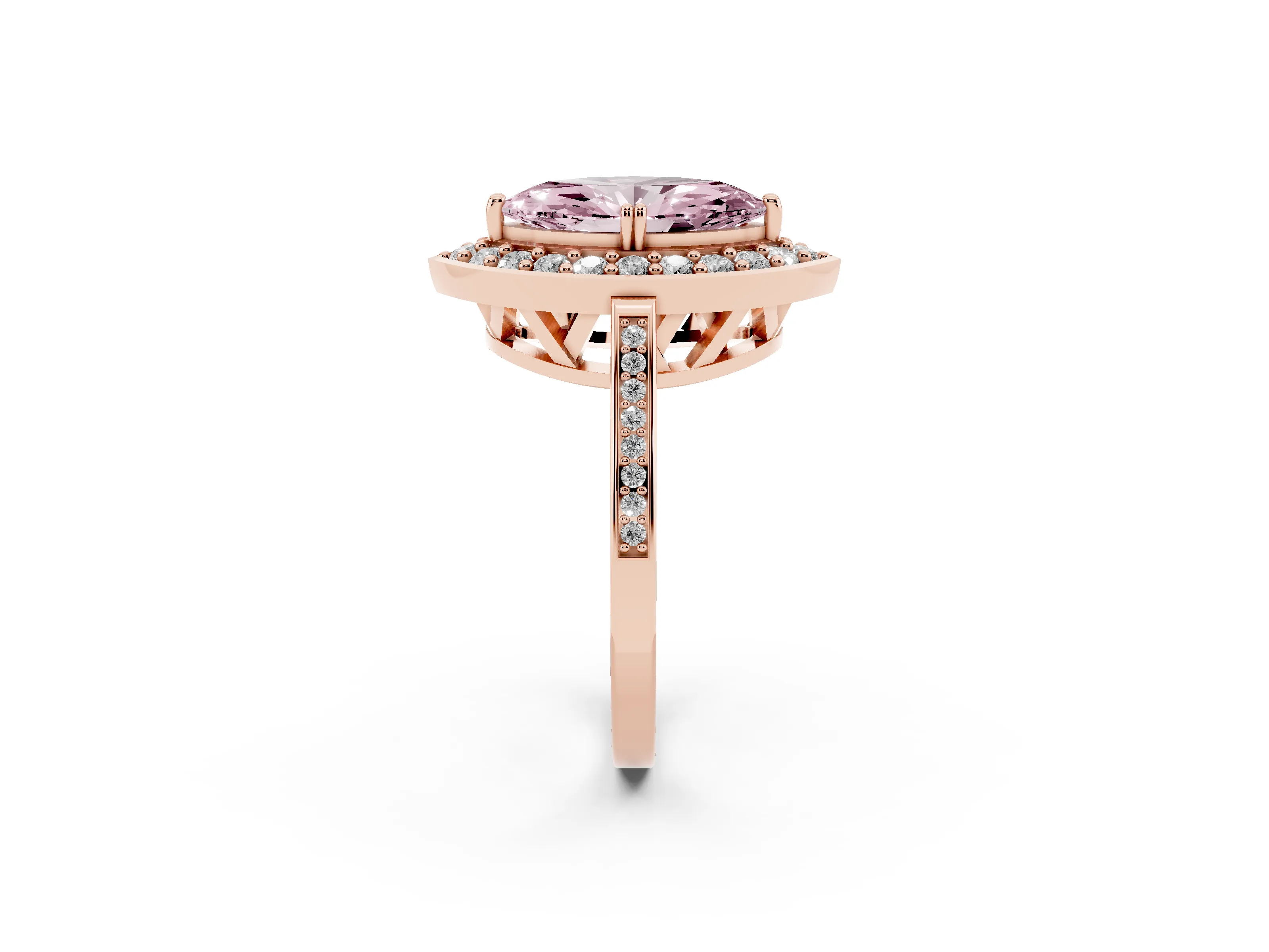 Fancy Pink Marquise Cut Diamond Halo Ring Set in Rose gold with Accent-Lined Split Shank and Prong Setting