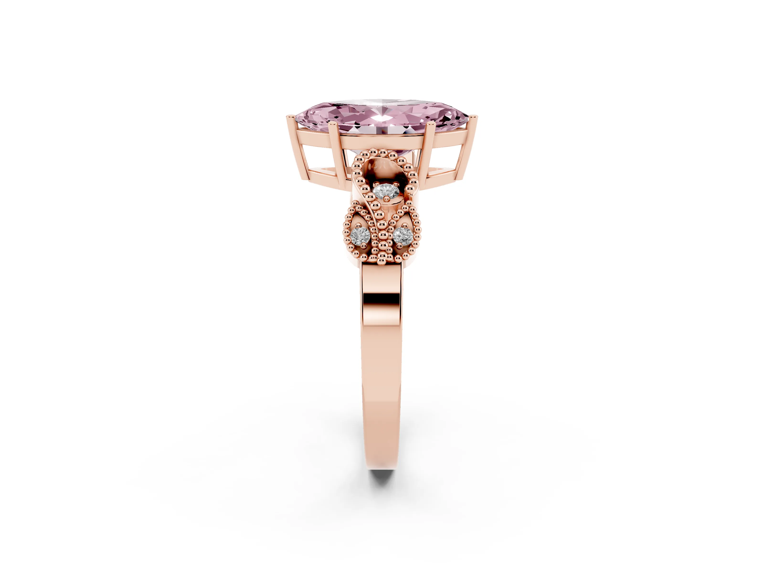 Fancy Pink Marquise Cut Diamond Milgrain Leaf Band Solitaire Ring Set in Rose gold with Accent Stones and Prong Setting
