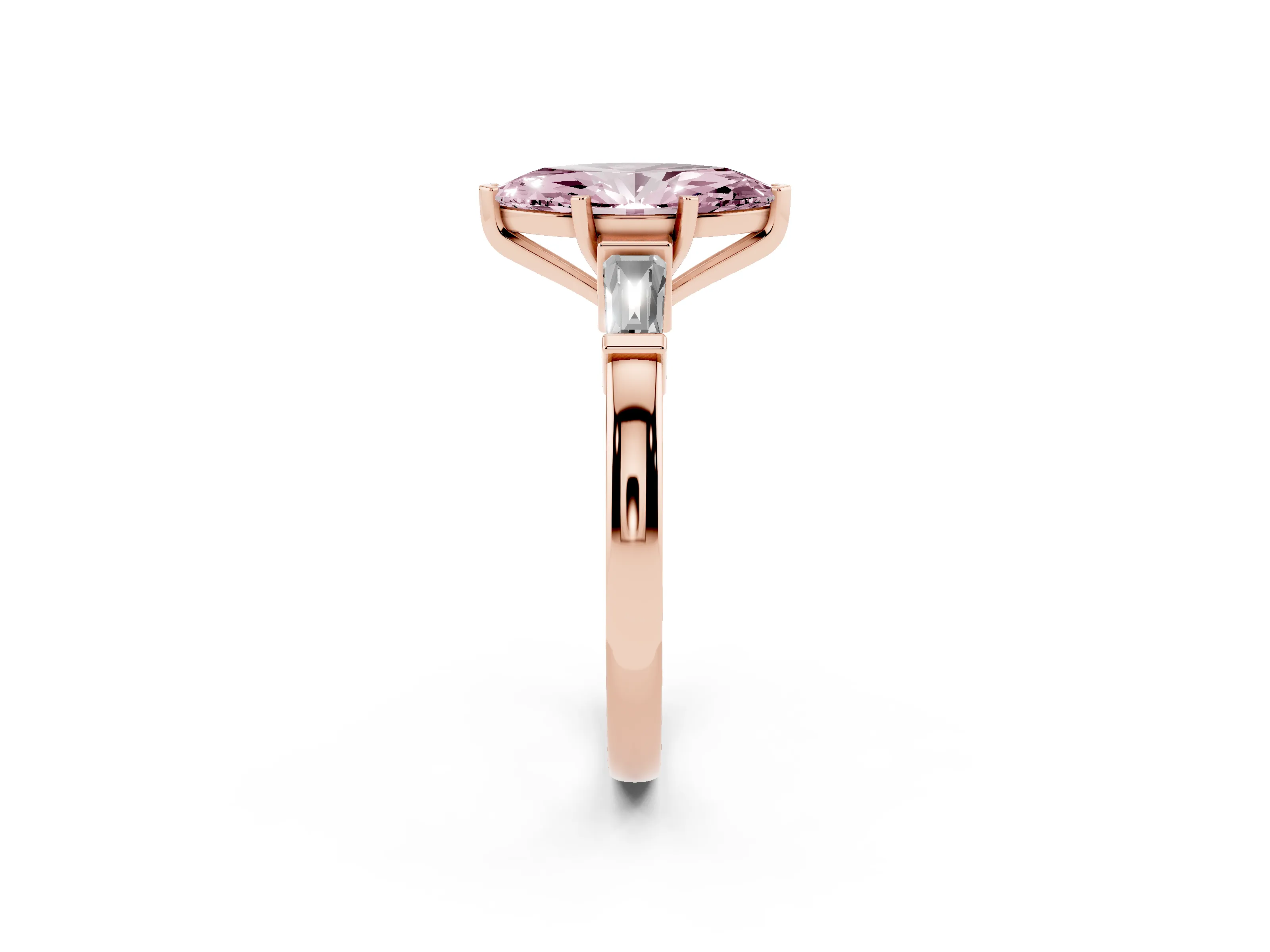 Fancy Pink Marquise Cut Diamond Solitaire Ring Set in Rose gold with Tapered Baguette Accents and Prong Setting