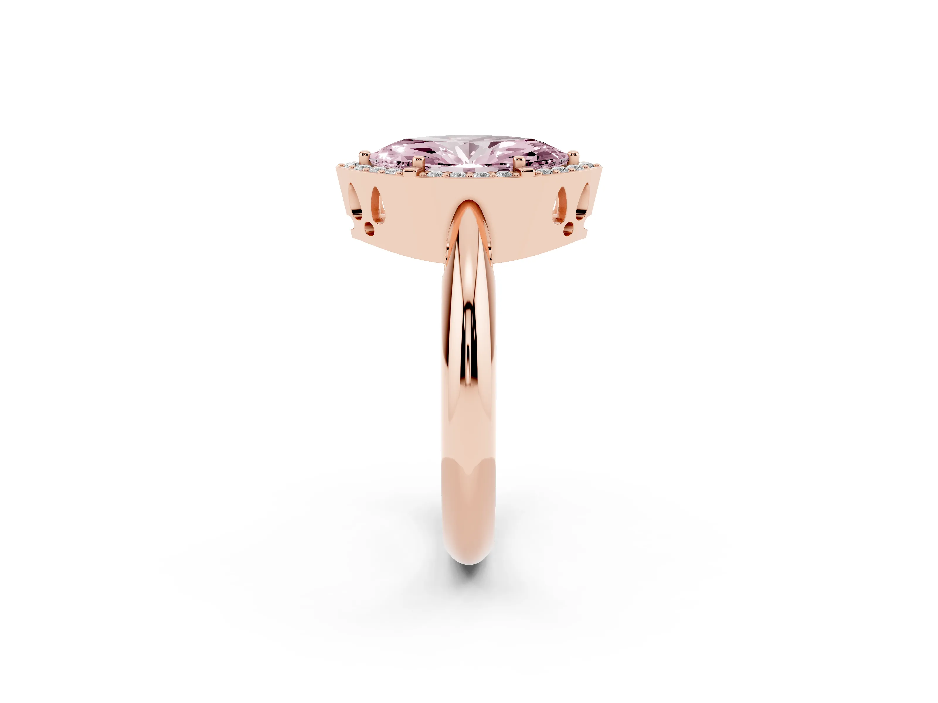 Fancy Pink Marquise Cut Diamond Halo Engagement Ring Set in Rose gold with Plain Split Shank and Prong Setting