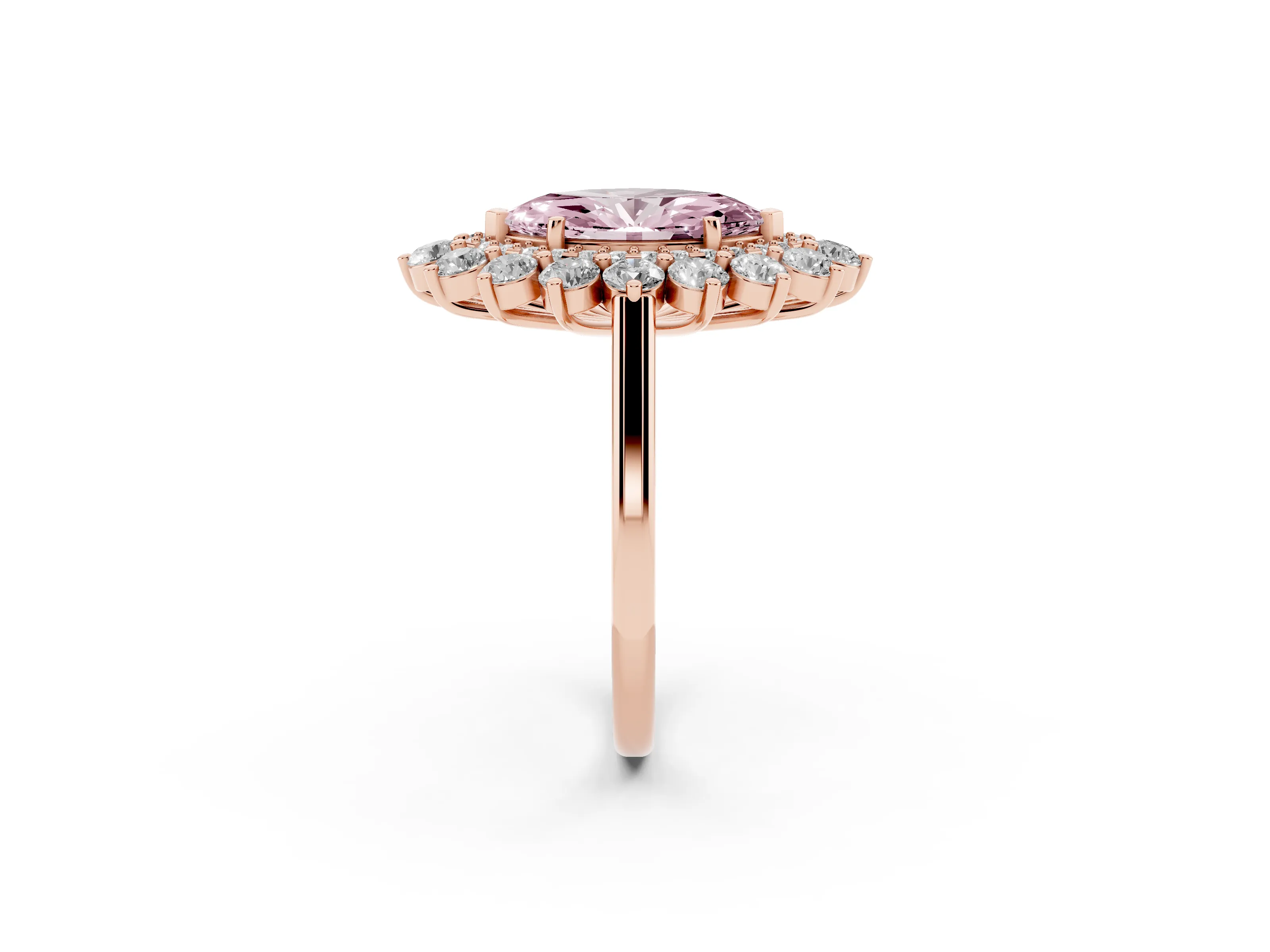 Fancy Pink Marquise Cut Diamond Floral Double Halo Ring Set in Rose gold with Round Petals