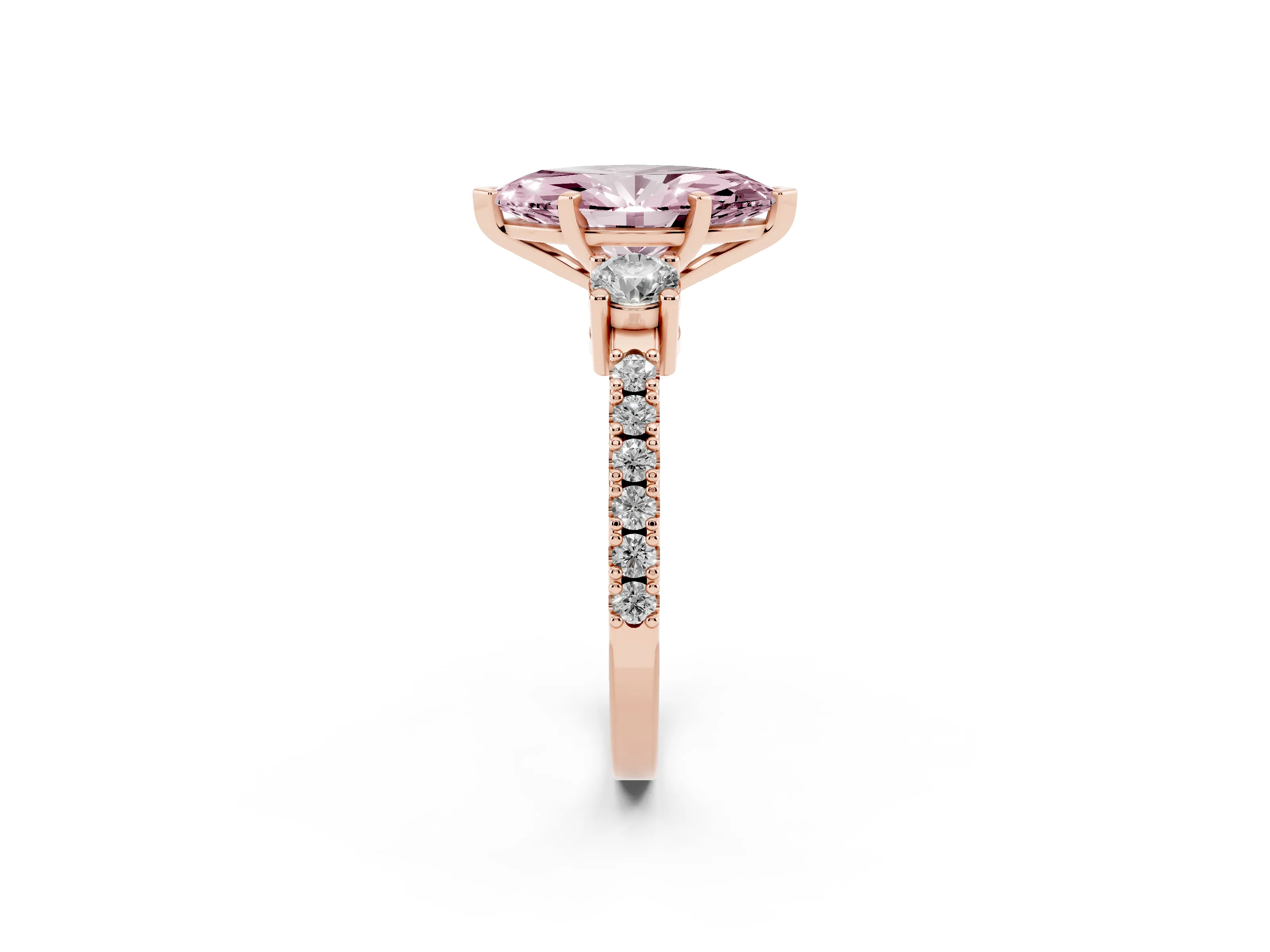Fancy Pink Three-Stone Marquise Cut Diamond Pavé Band Ring Set in Rose gold with Prong Setting