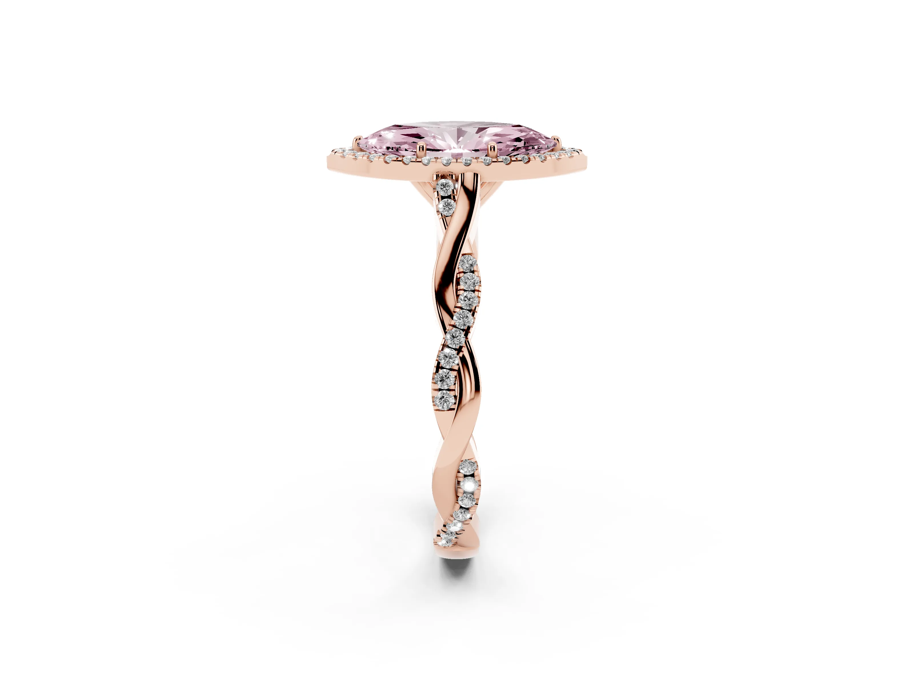 Fancy Pink Marquise Cut Diamond Halo Twist Band Solitaire Ring Set in Rose gold with Prong Setting
