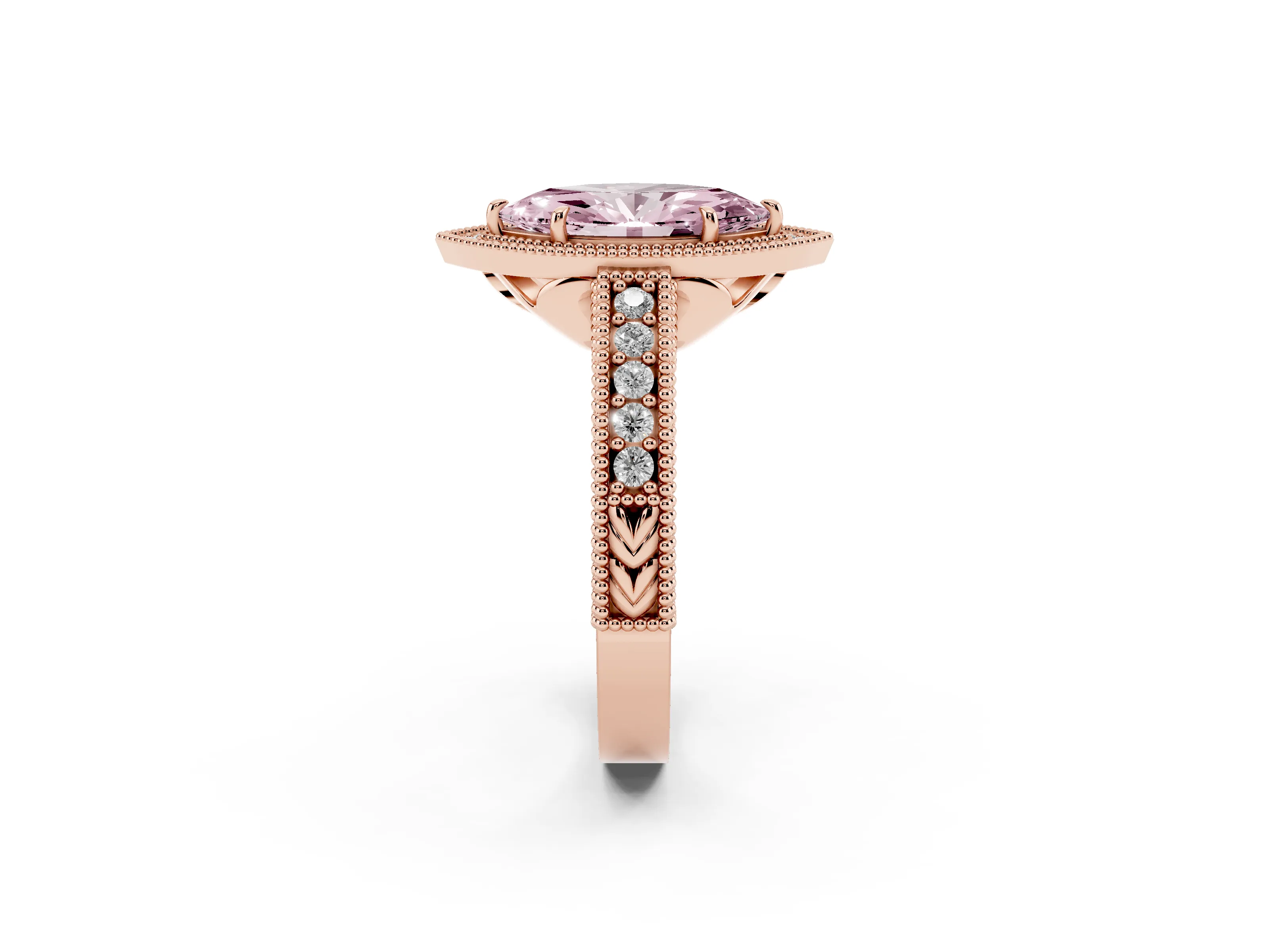 Fancy Pink Marquise Cut Diamond Halo Ring Set in Rose gold with Round Accent Halo, Pavé Band and Prong Setting