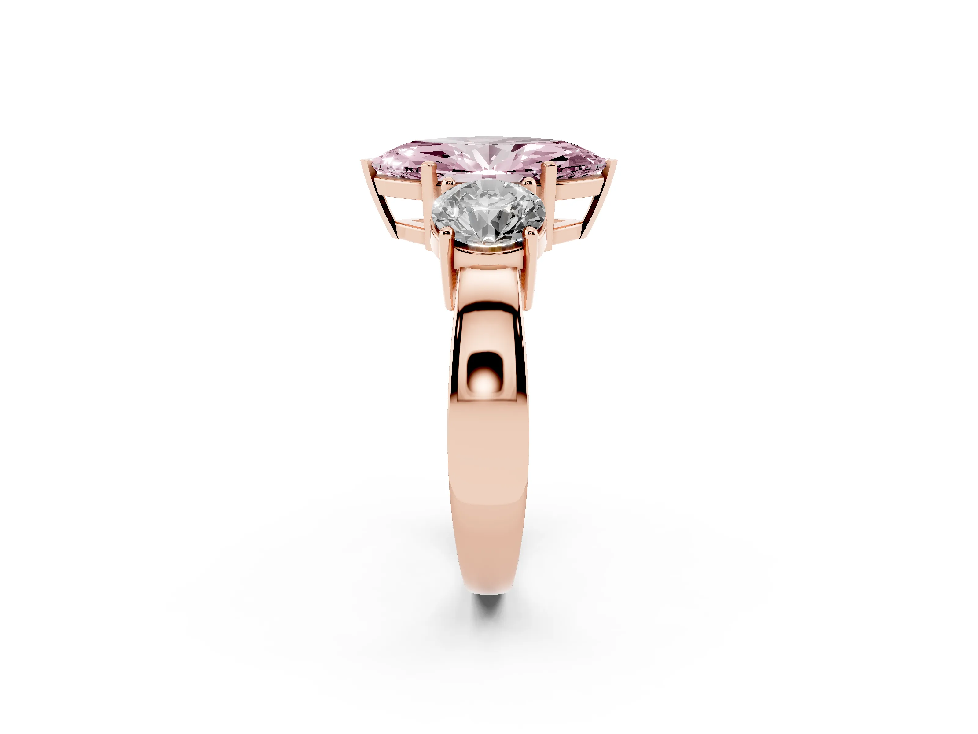 Fancy Pink Marquise Cut Diamond Three-Stone Ring Set in Rose gold with Round Side Stones and Classic Band
