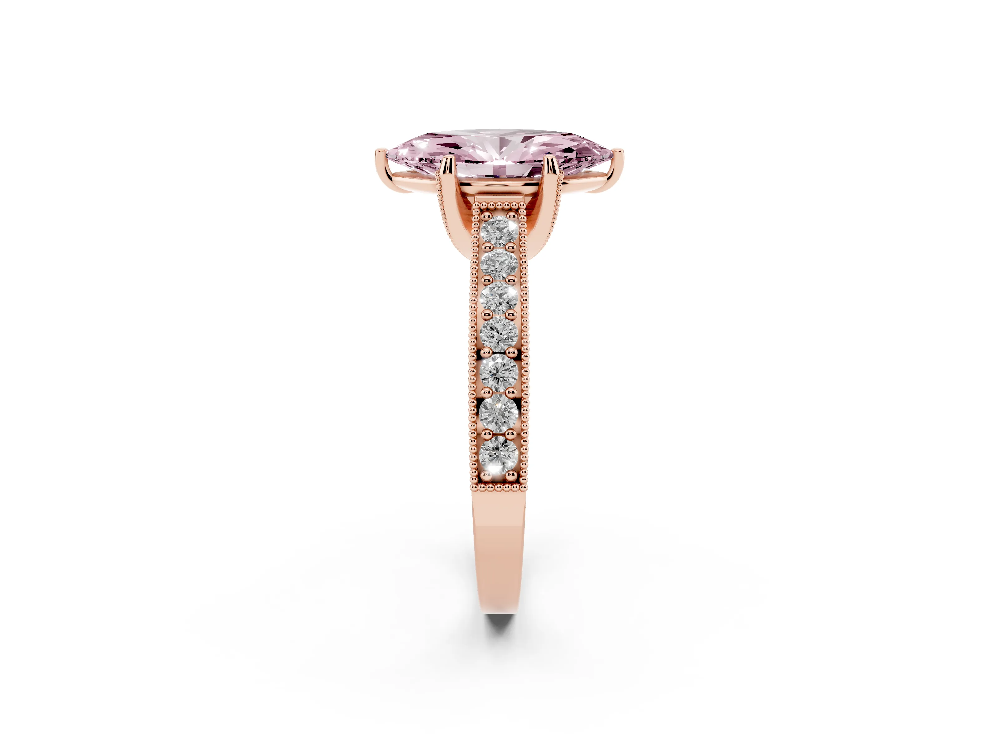 Fancy Pink Marquise Cut Diamond Solitaire Ring Set in Rose gold with Milgrain-Edged Pavé Band and Prong Setting