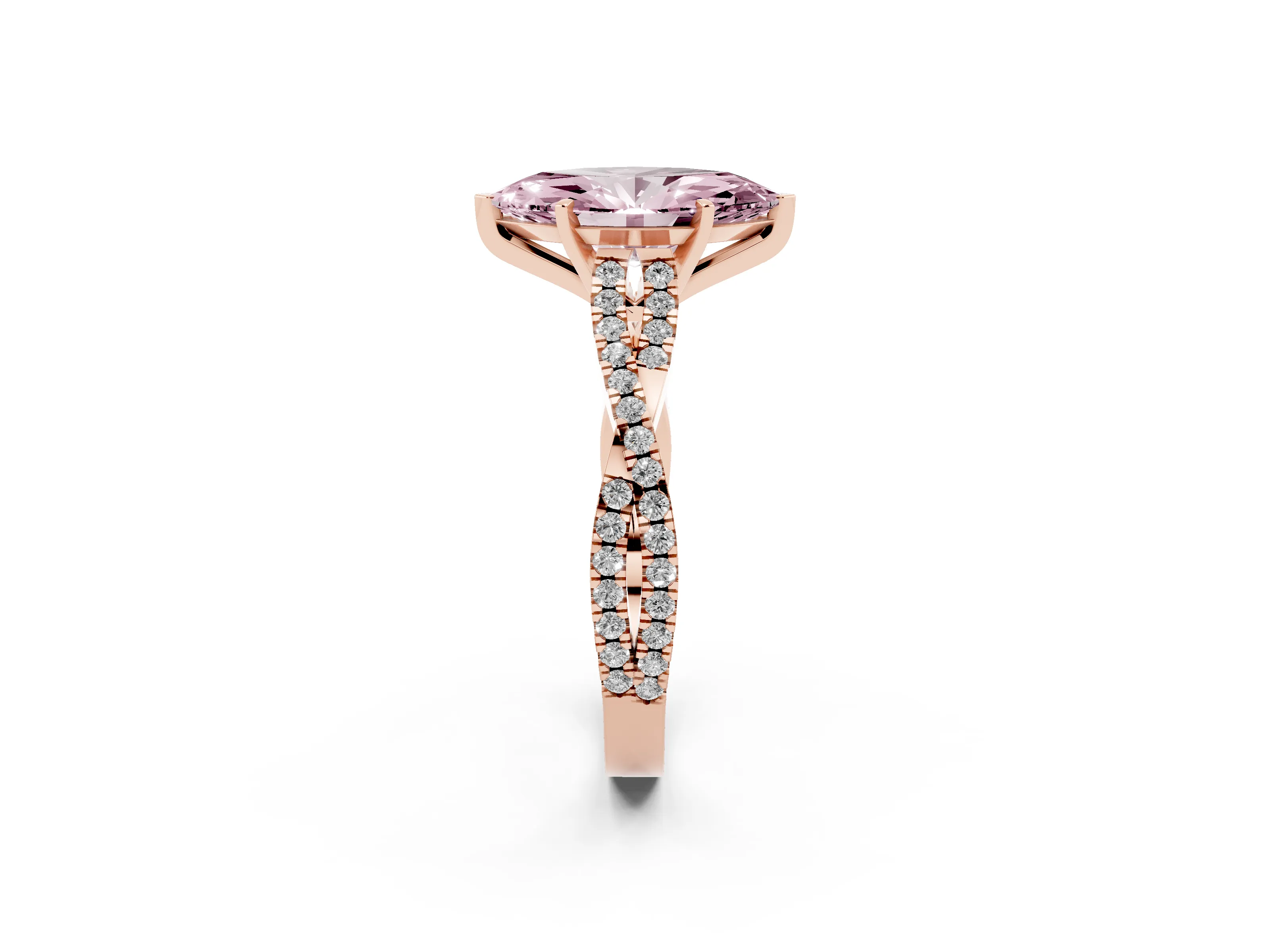 Fancy Pink Marquise Cut Diamond Solitaire Engagement Ring Set in Rose gold with Twisted Pavé Band and Prong Setting