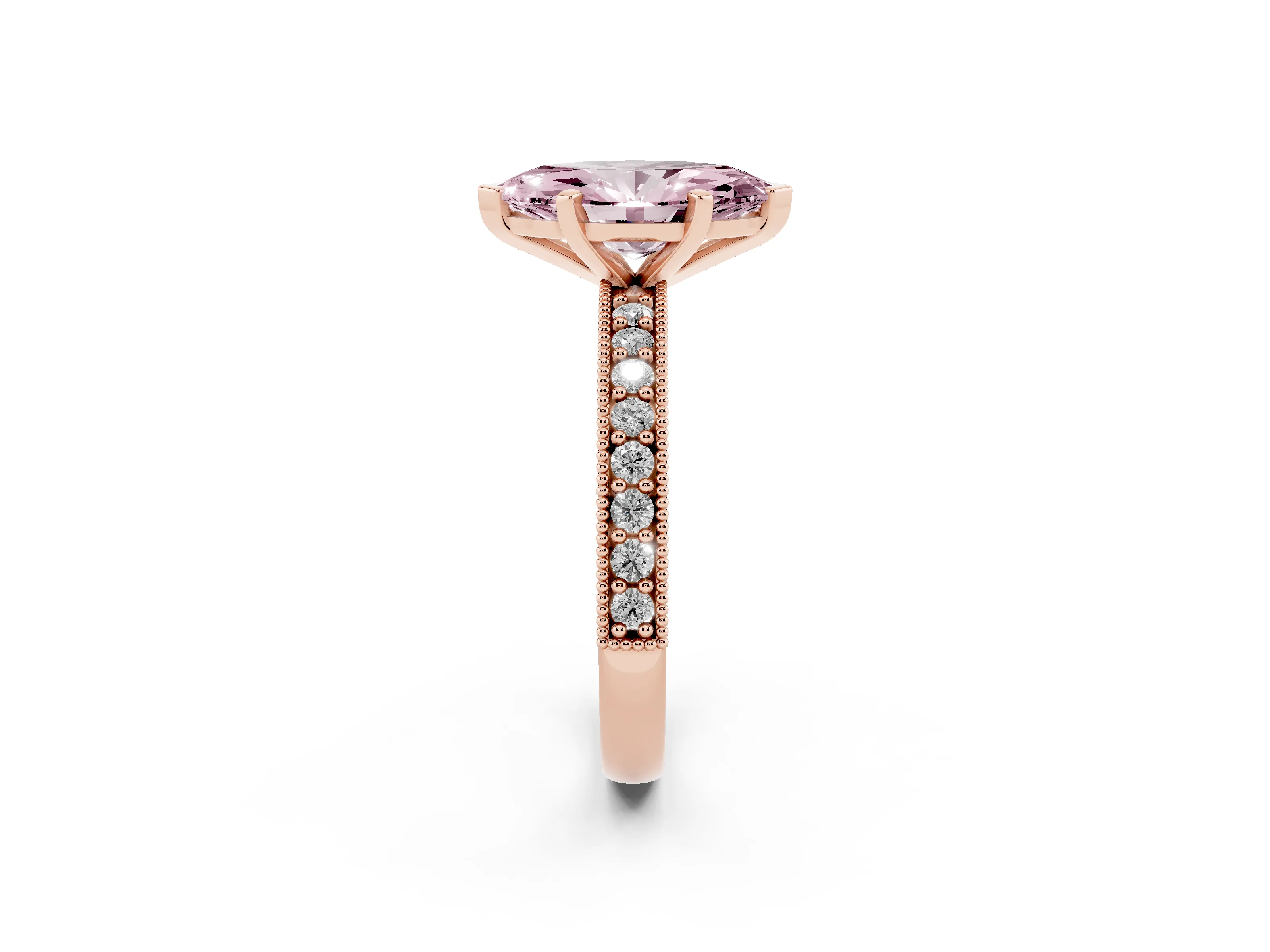 Fancy Pink Marquise Cut Diamond Milgrain Pavé Engagement Ring Set in Rose gold with Prong Setting