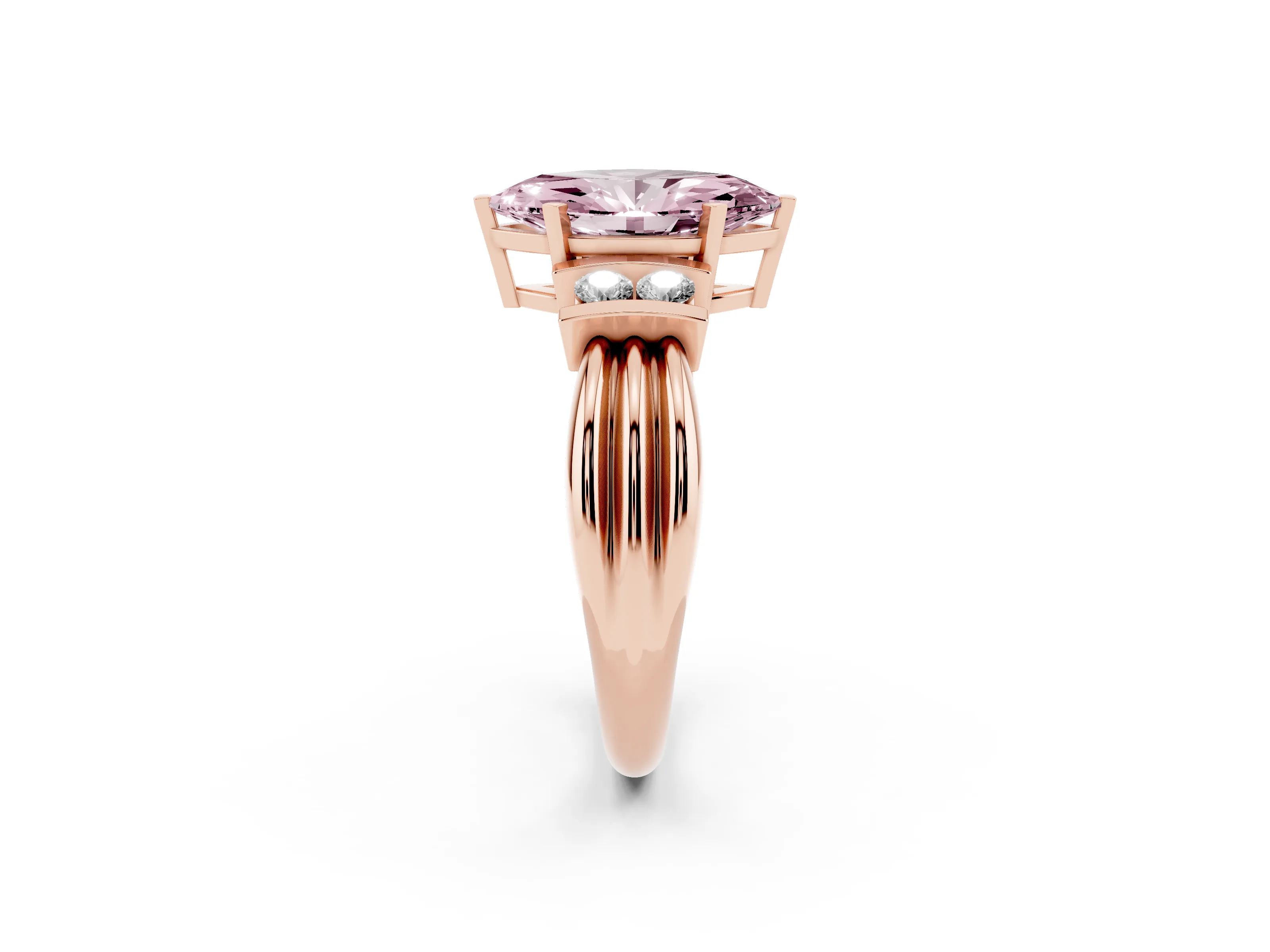 Fancy Pink Three-Stone Marquise Cut Diamond Channel Set Ring Set in Rose gold with Bar Prongs
