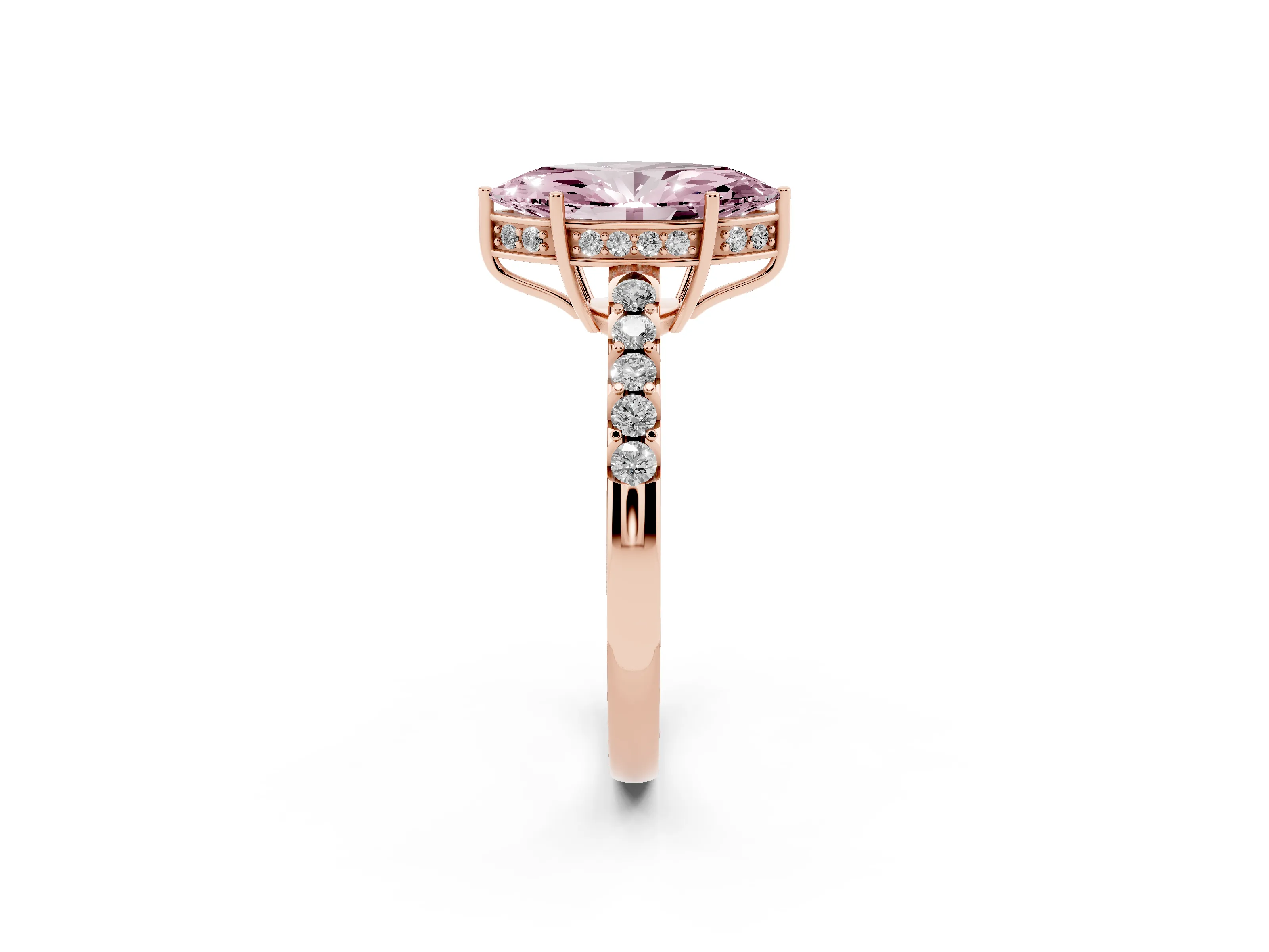 Fancy Pink Marquise Cut Diamond Solitaire Engagement Ring Set in Rose gold with Pavé Band and Prong Setting