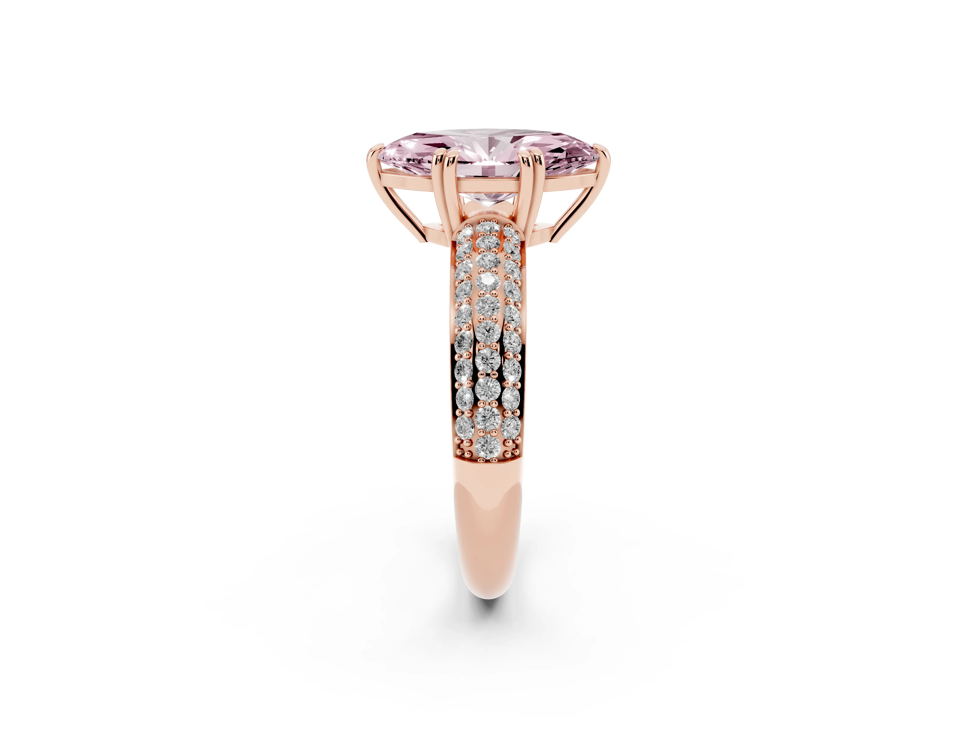 Fancy Pink Marquise Cut Diamond Solitaire Ring Set in Rose gold with Multi-Row Round Pavé Band and Prong Setting