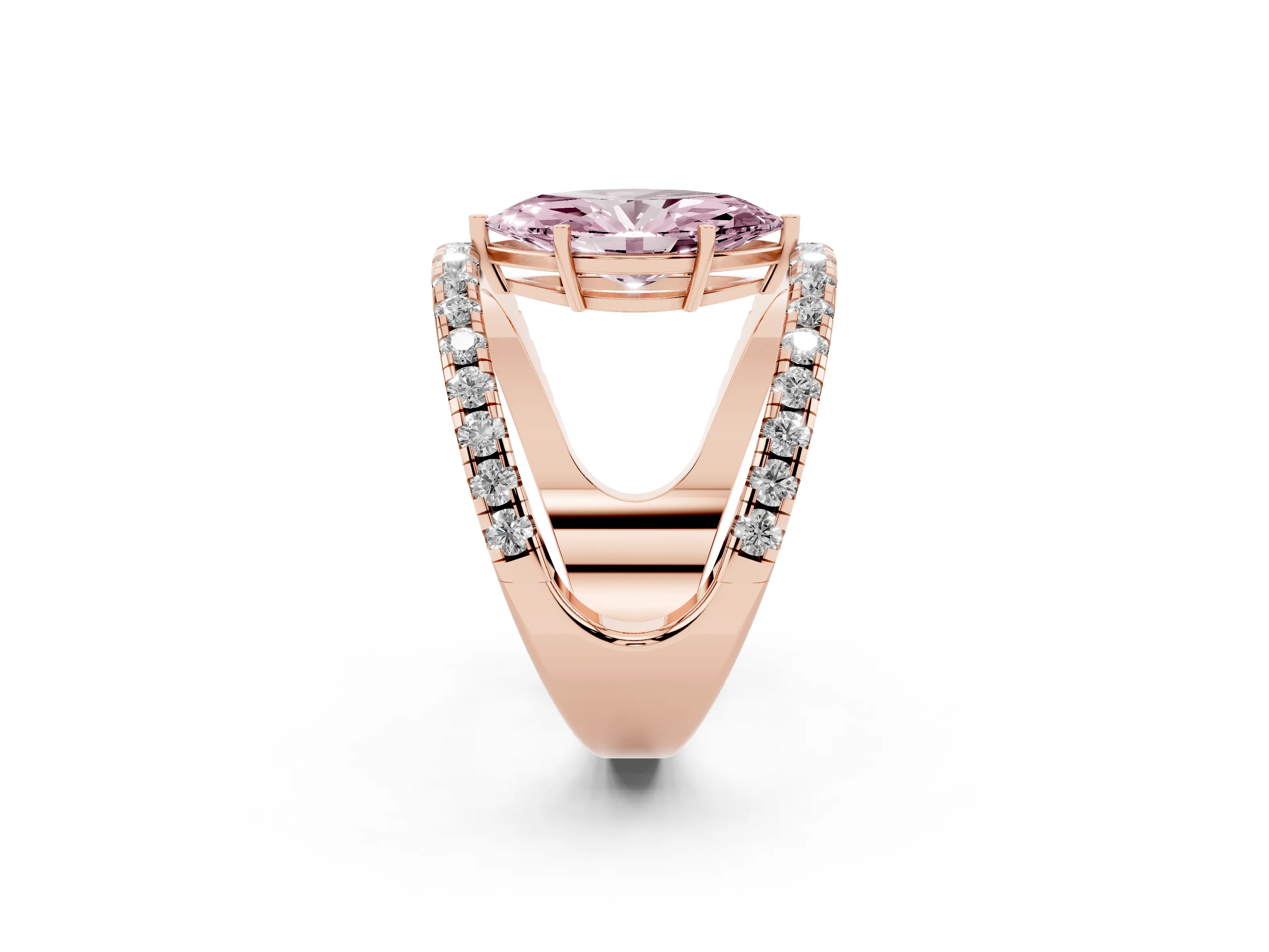 Fancy Pink Marquise Cut Diamond Split Shank Pavé Solitaire Ring Set in Rose gold with Open Shank Design