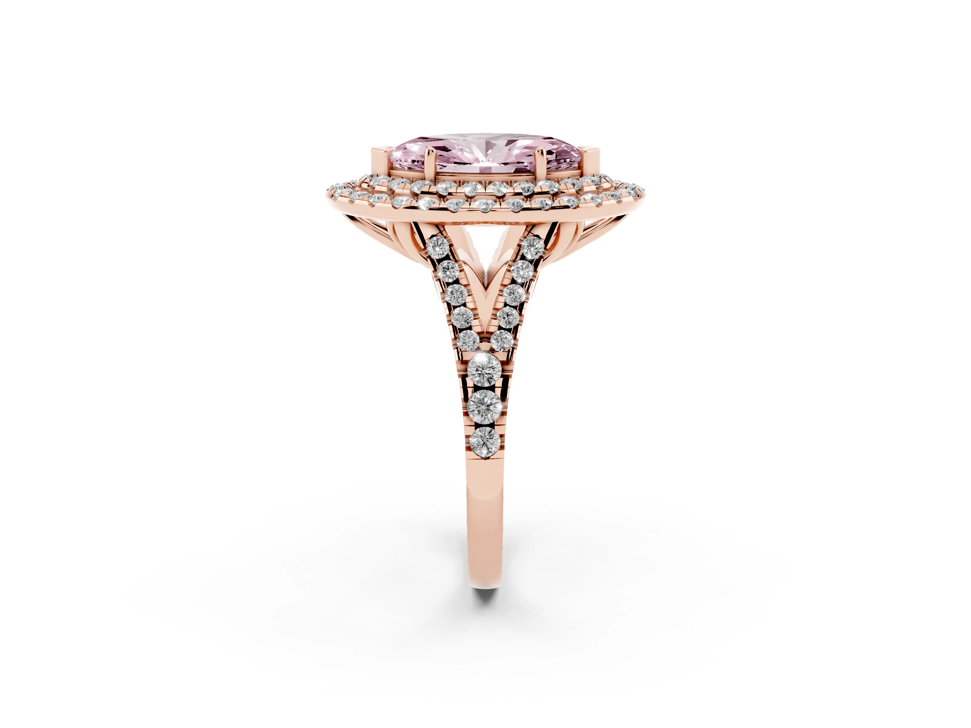 Fancy Pink Marquise Cut Diamond Double Halo Ring Set in Rose gold with Pavé Split Shank and Prong Setting