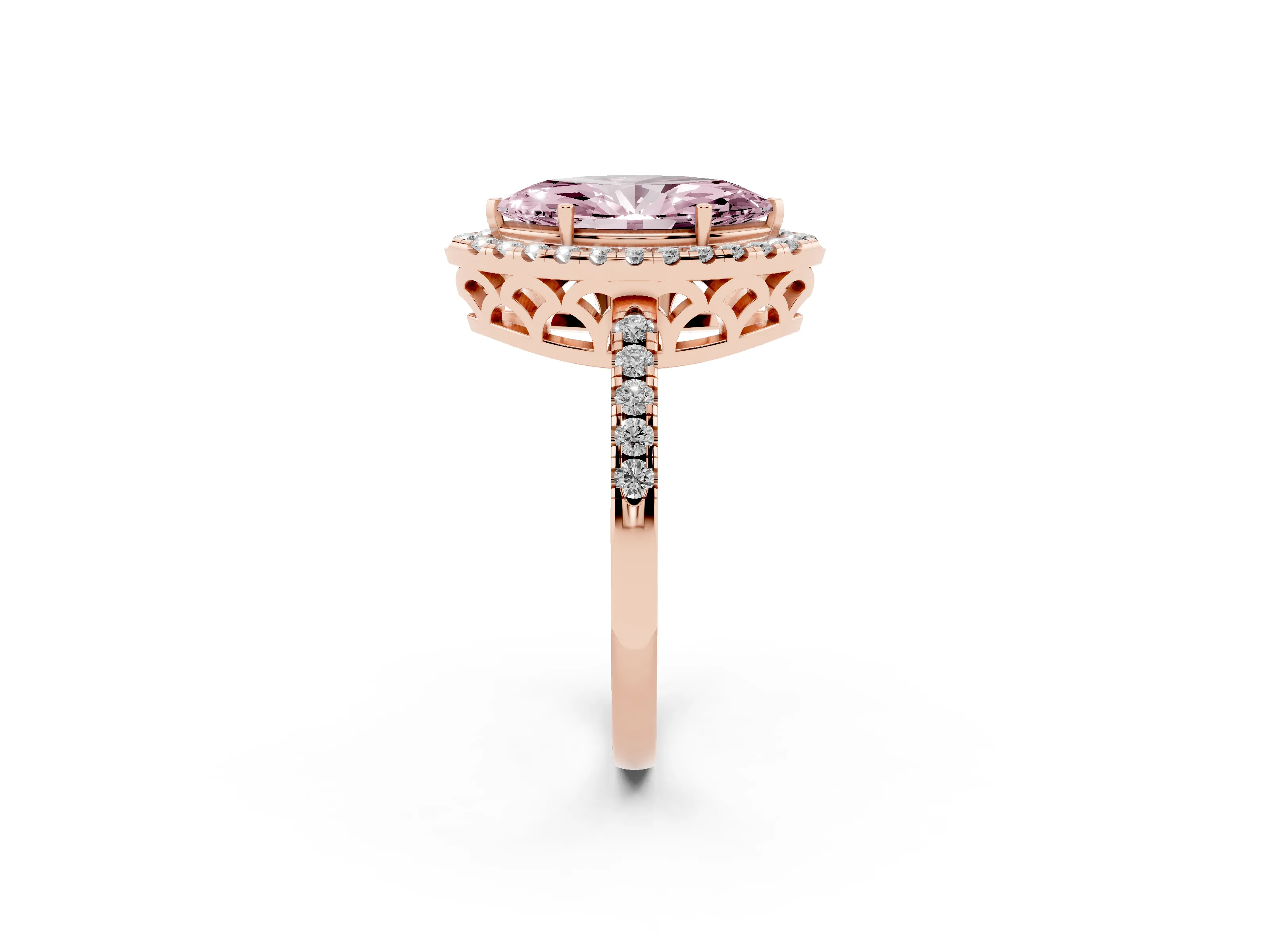 Fancy Pink Marquise Cut Diamond Pavé Band Halo Engagement Ring Set in Rose gold with Prong Setting