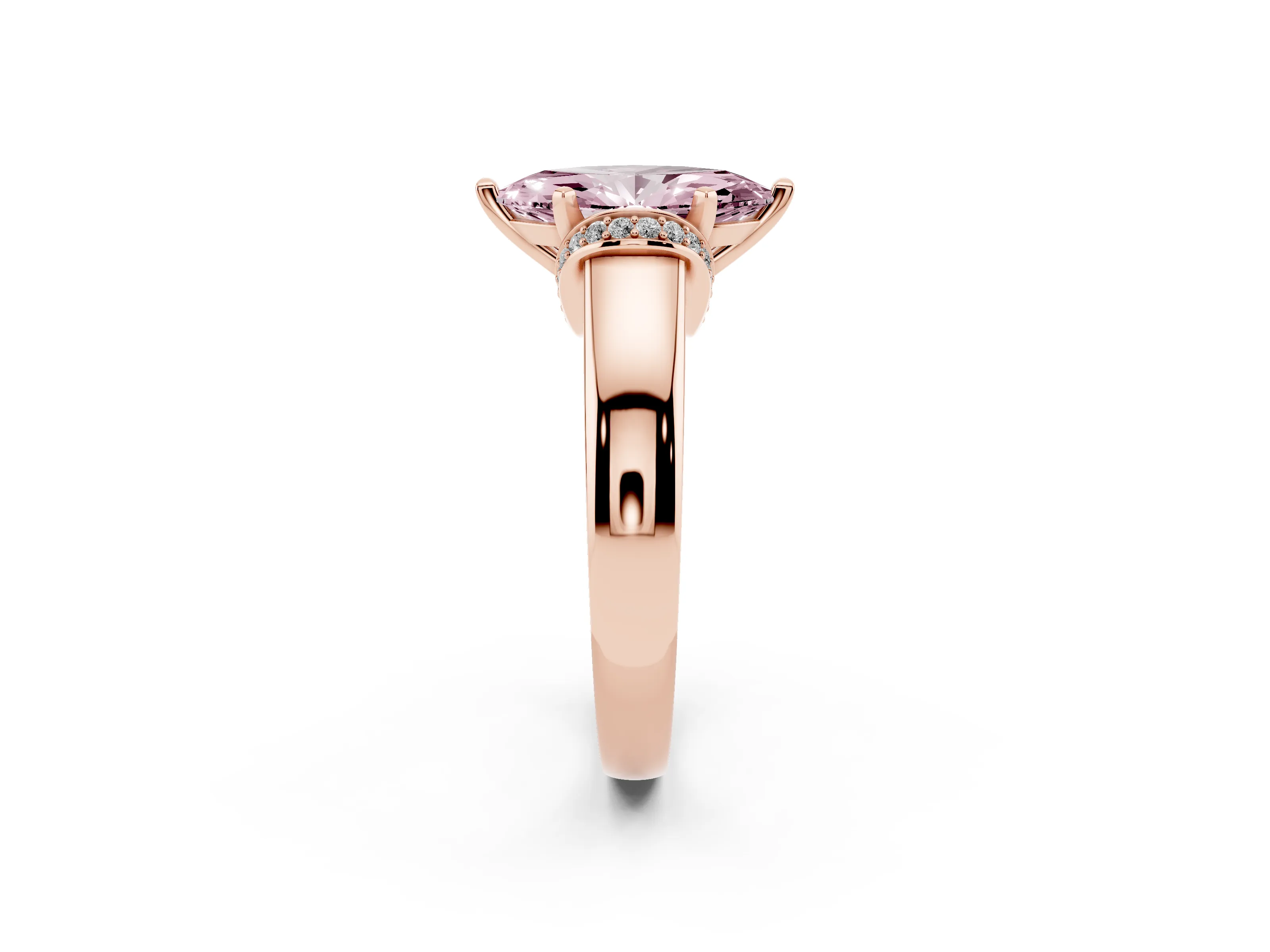 Fancy Pink Marquise Cut Diamond Pavé Band Solitaire Ring Set in Rose gold with Prong Setting