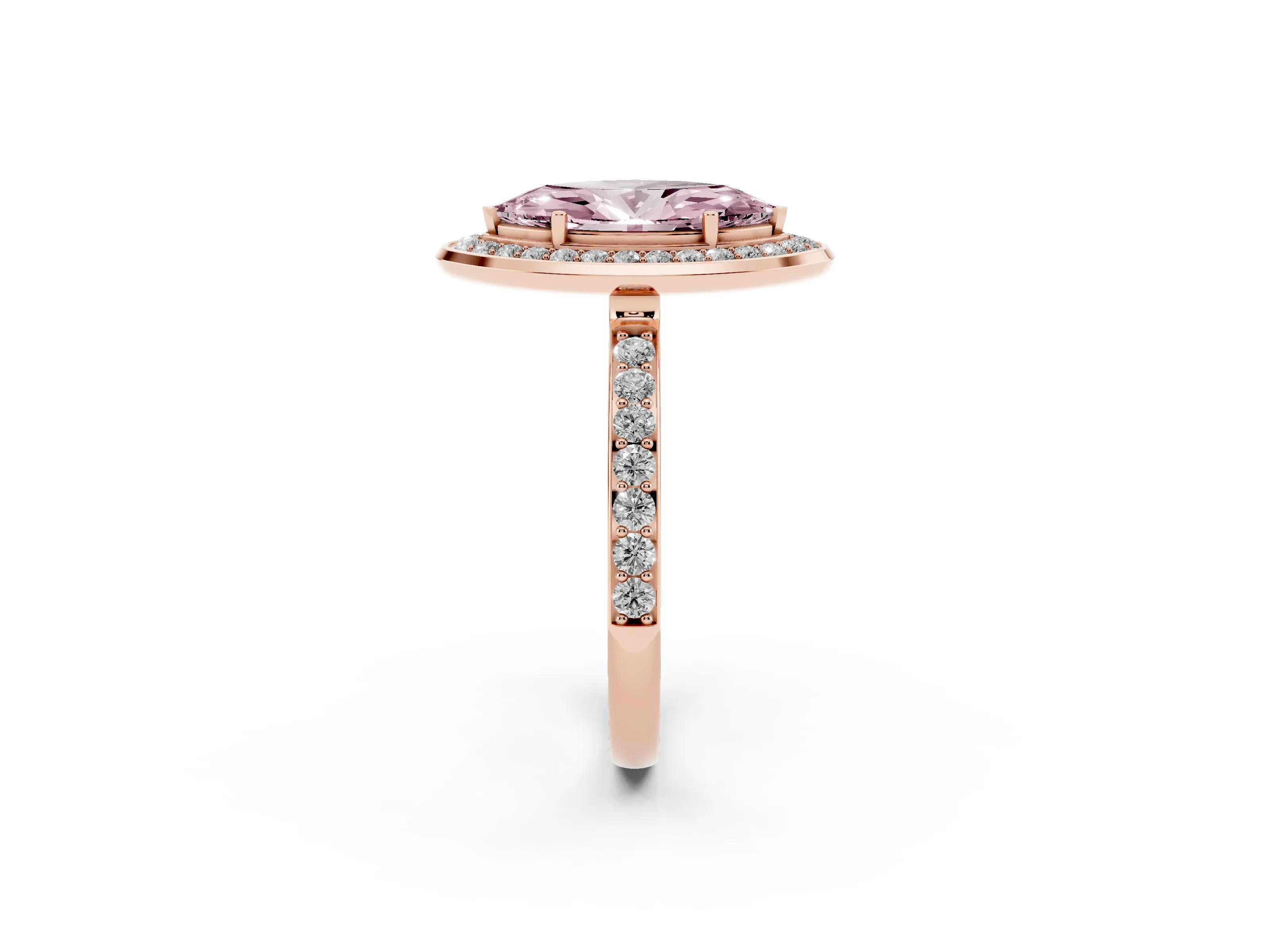 Fancy Pink Marquise Cut Diamond Halo Ring Set in Rose gold with Bezel Frame and Pavé Band