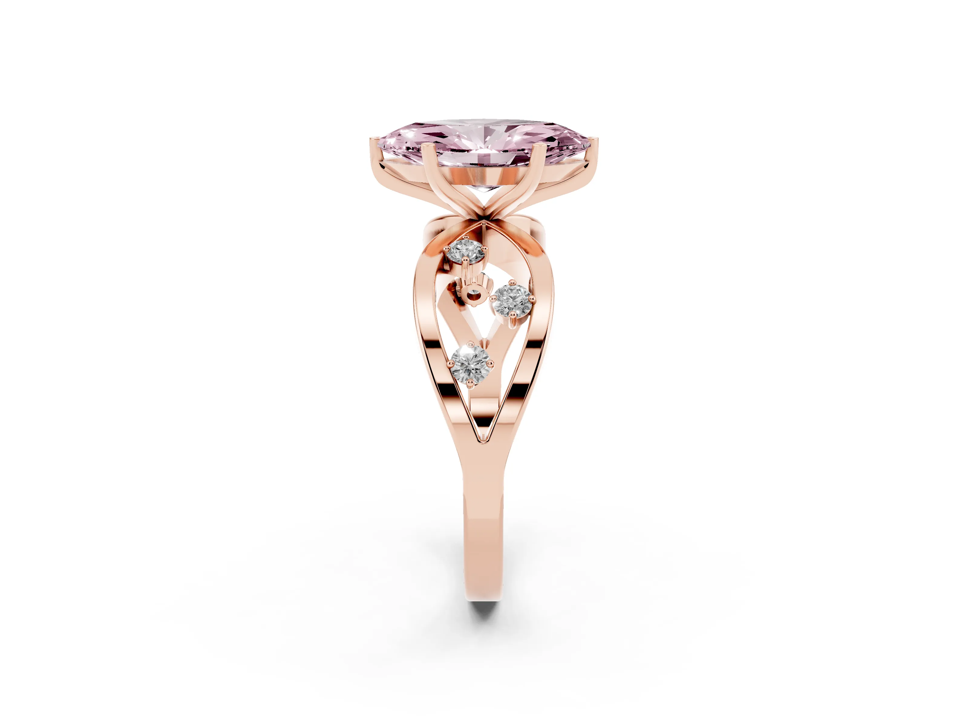 Fancy Pink Marquise Cut Diamond Solitaire Ring Set in Rose gold with Side Stones on Criss-Cross Band and Prong Setting