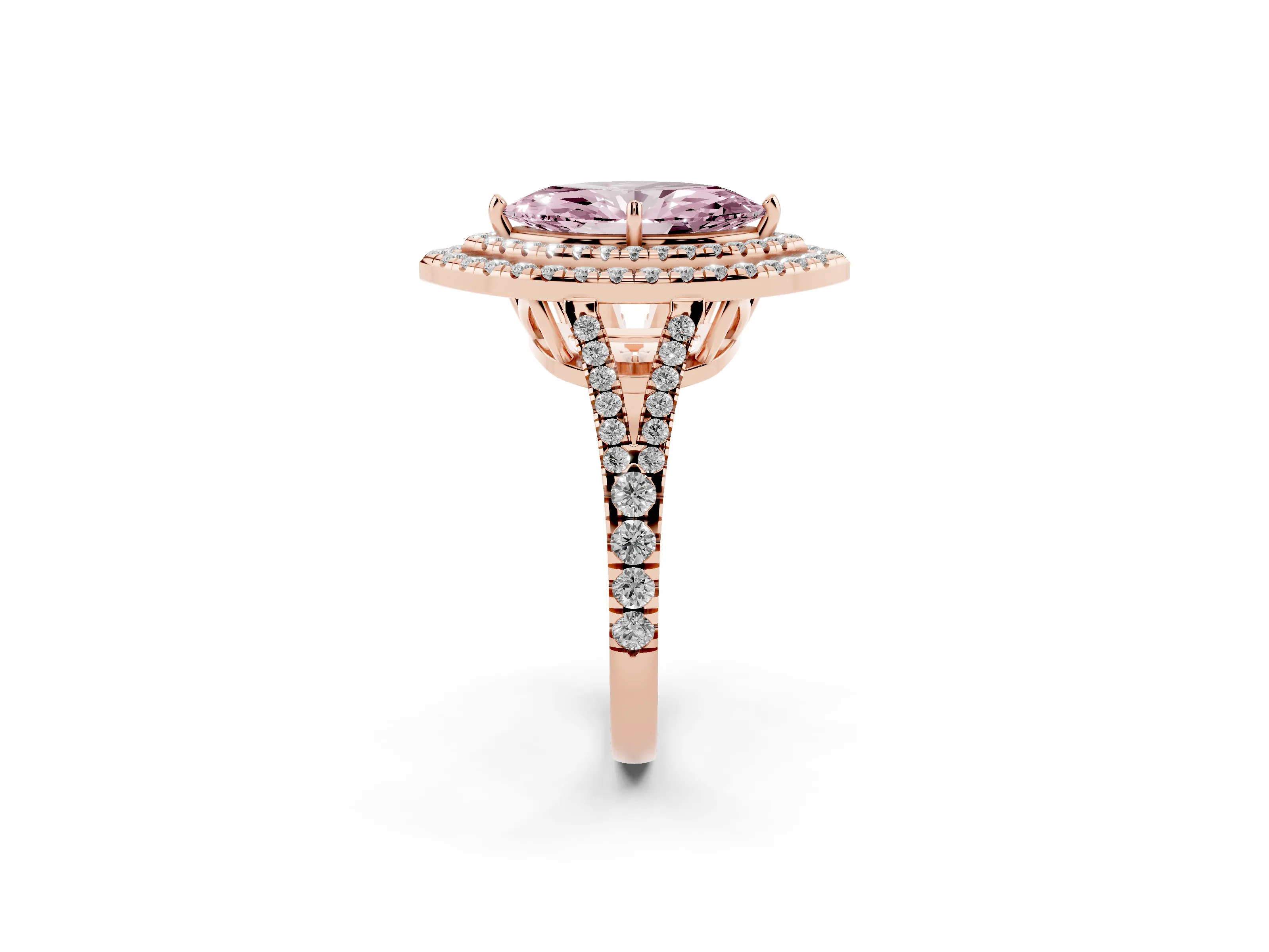 Fancy Pink Marquise Cut Diamond Double Halo Ring Set in Rose gold with Pavé Band
